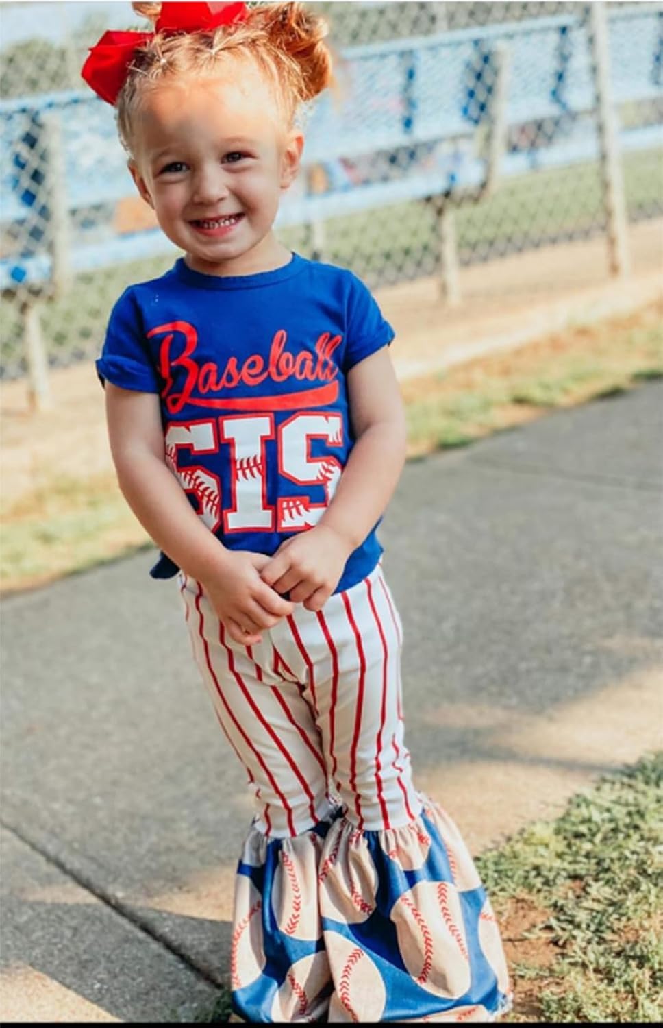 BULINGNA 2Pcs Toddler Baby Girl Summer Baseball Outfit Set Short Sleeve Baseball Sis T-Shirt Top and Striped Flare Pants - Image 2