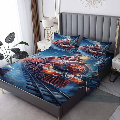 zcsm Train Sheets Queen Size - Christmas Bedding Sheets & Pillowcases - 100% Microfiber, High Thread Count Print, Flat Sheet & Deep Pocket Fitted
