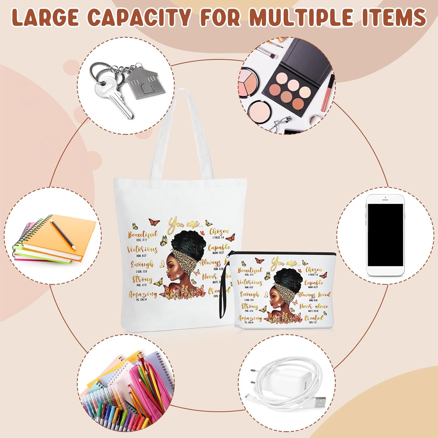 Roowest 8 Pcs Mother's Gifts African American Gifts for Women Bulk Inspirational Tote Bags Makeup Bags Zipper Mom(Stylish Style)