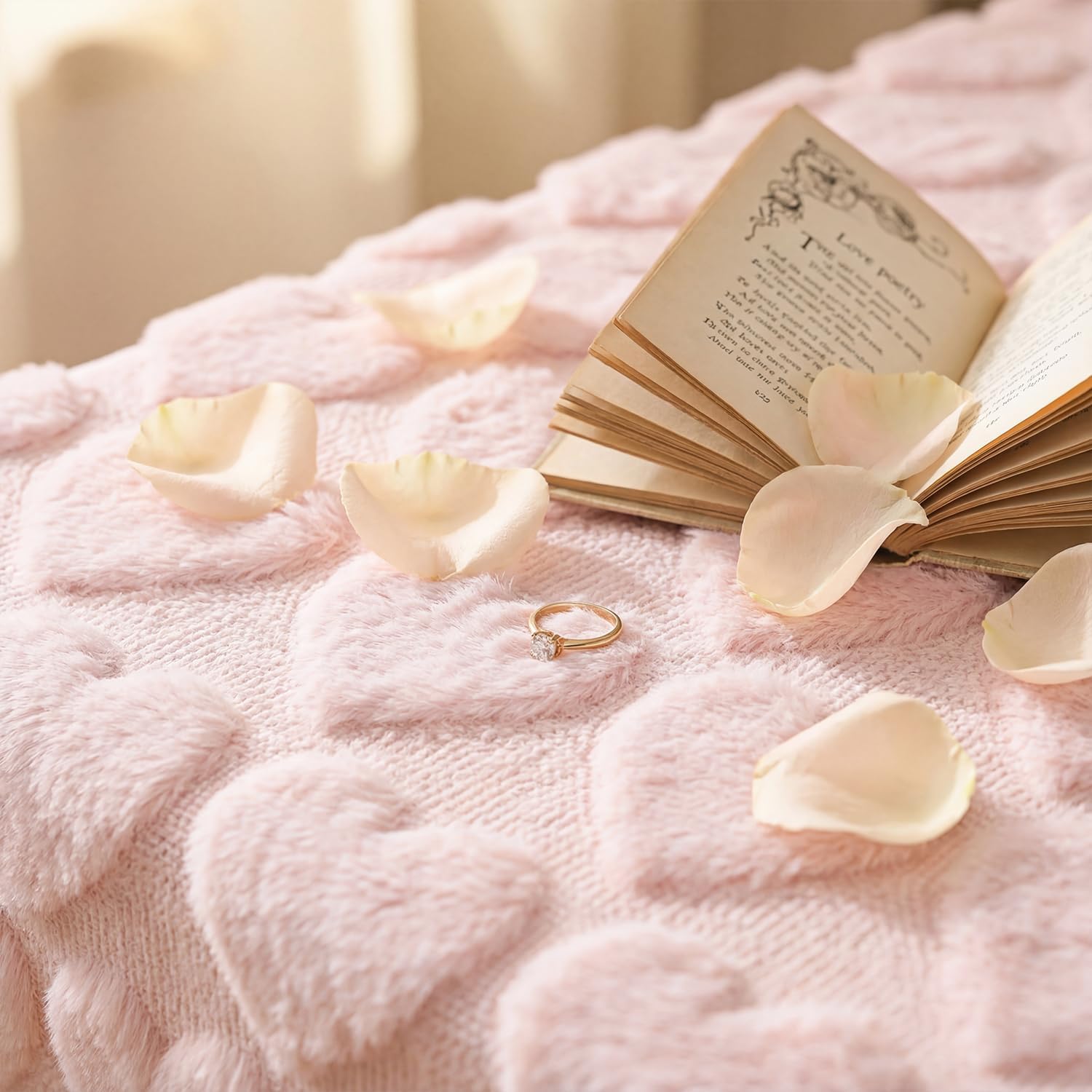 Horaldaily Valentine's Day Tablecloth 52×70 Inch Rectangular, Pink Soft Plush Faux Fur Love Heart Table Cover, Seasonal Dining Table Decoration for Wedding Anniversary