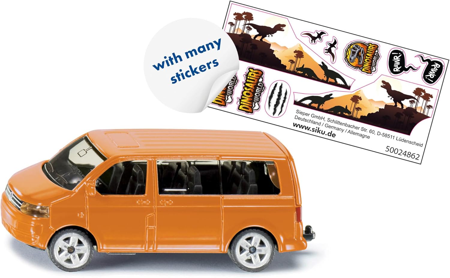 Siku 1070, VW Multivan, Dinosaurs World, Toy car for Children, Orange