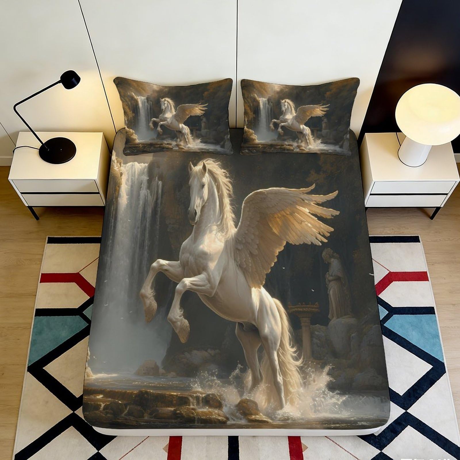3D Printed White Horse Waterfall Fitted Sheet Microfiber Soft Bed Cover for Bedroom Dorm Mattress Decor 90x200x25cm