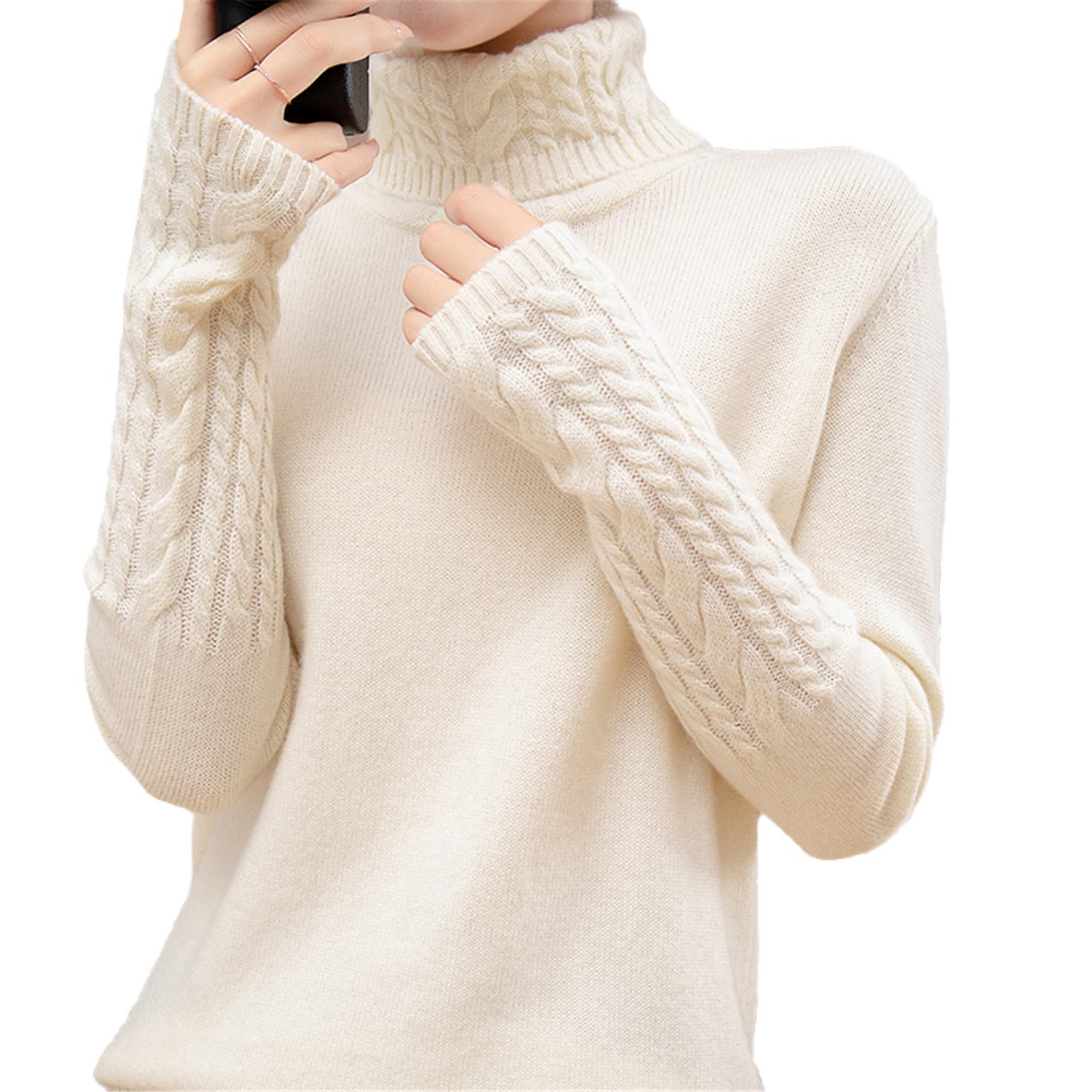 Kelsiop 100% Wolle Pullover Damen Rollkragen Pullover Herbst und Winter Warm Pullover Casual Knopf Einfarbig Top, weiß, M