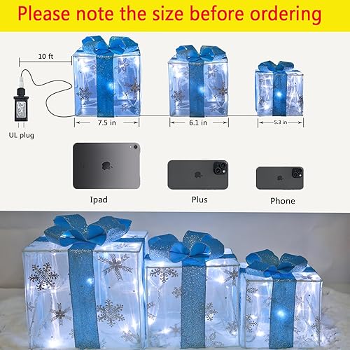 Miniatura 2 de Decoraciones de Navidad, Lauzior Juego de 3 cajas de regalo iluminadas de Navidad, 60 luces LED, adorno de Navidad para falda de árbol, interior y