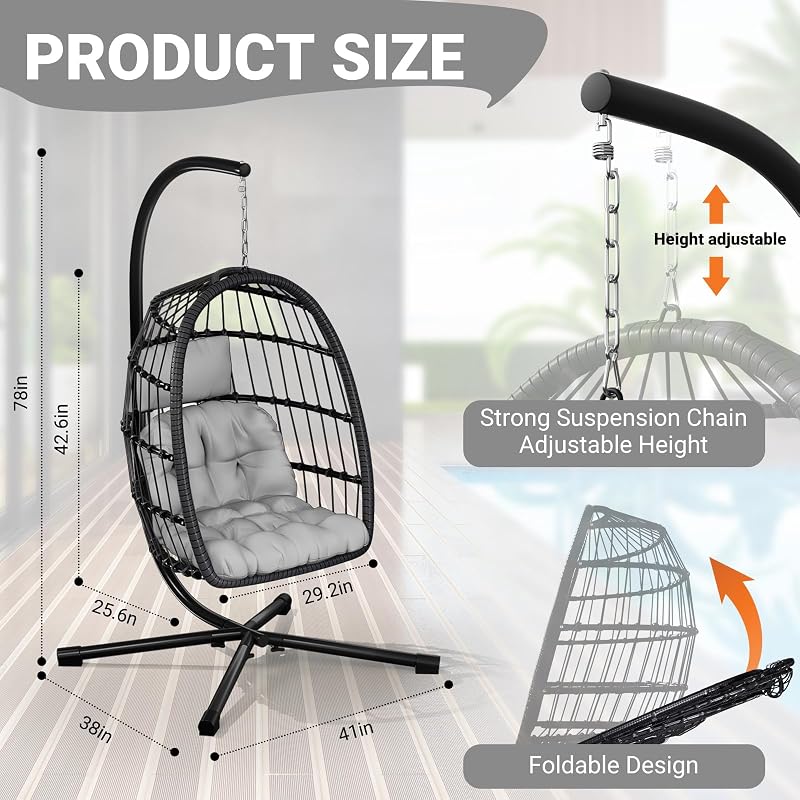 LEVELEVE Hanging Egg Chair with Stand, Patio Rattan Wicker Swing Chair, Oversized Hammock Seat for Bedroom Porch Garden, Thickened Steel Frame & UV Resistant Cushion, 350LBS Capacity(Light Grey) image 4