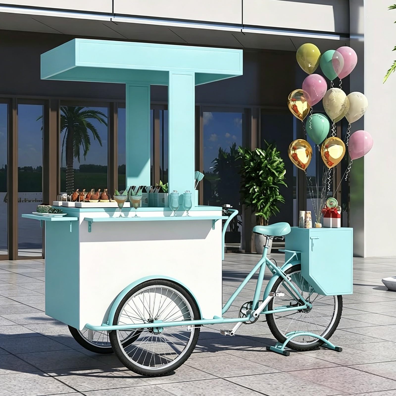 Carrello mobile dell'alimento con il baldacchino, triciclo commerciale di vendita per caffè, gelato, spuntini, bevande, eventi