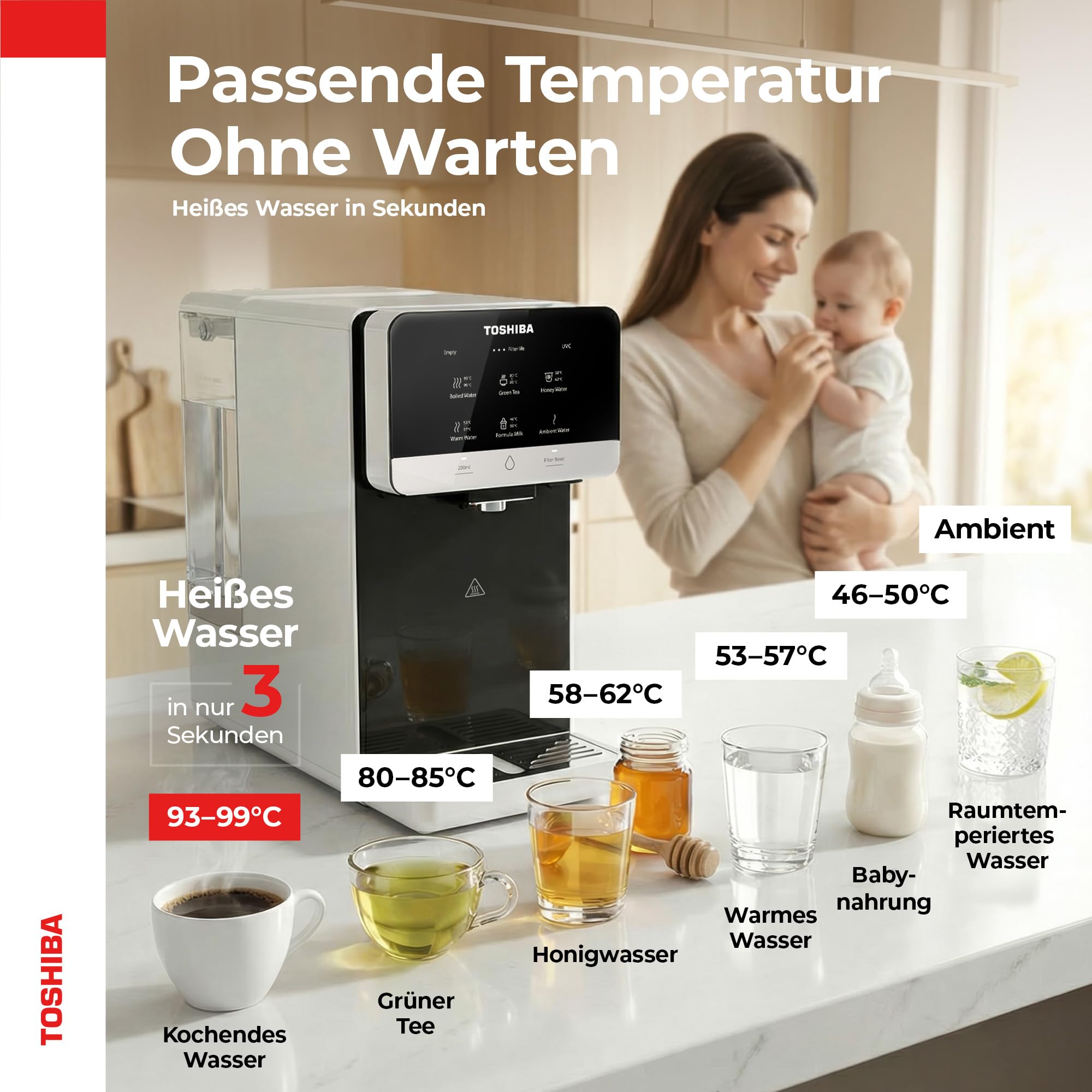 Toshiba Osmoseanlage Umkehrosmoseanlage Heißwasserspender Auftisch Keine Installation Mehrfach-Filterung Mineralisierung UV Licht NSF zertifiziert