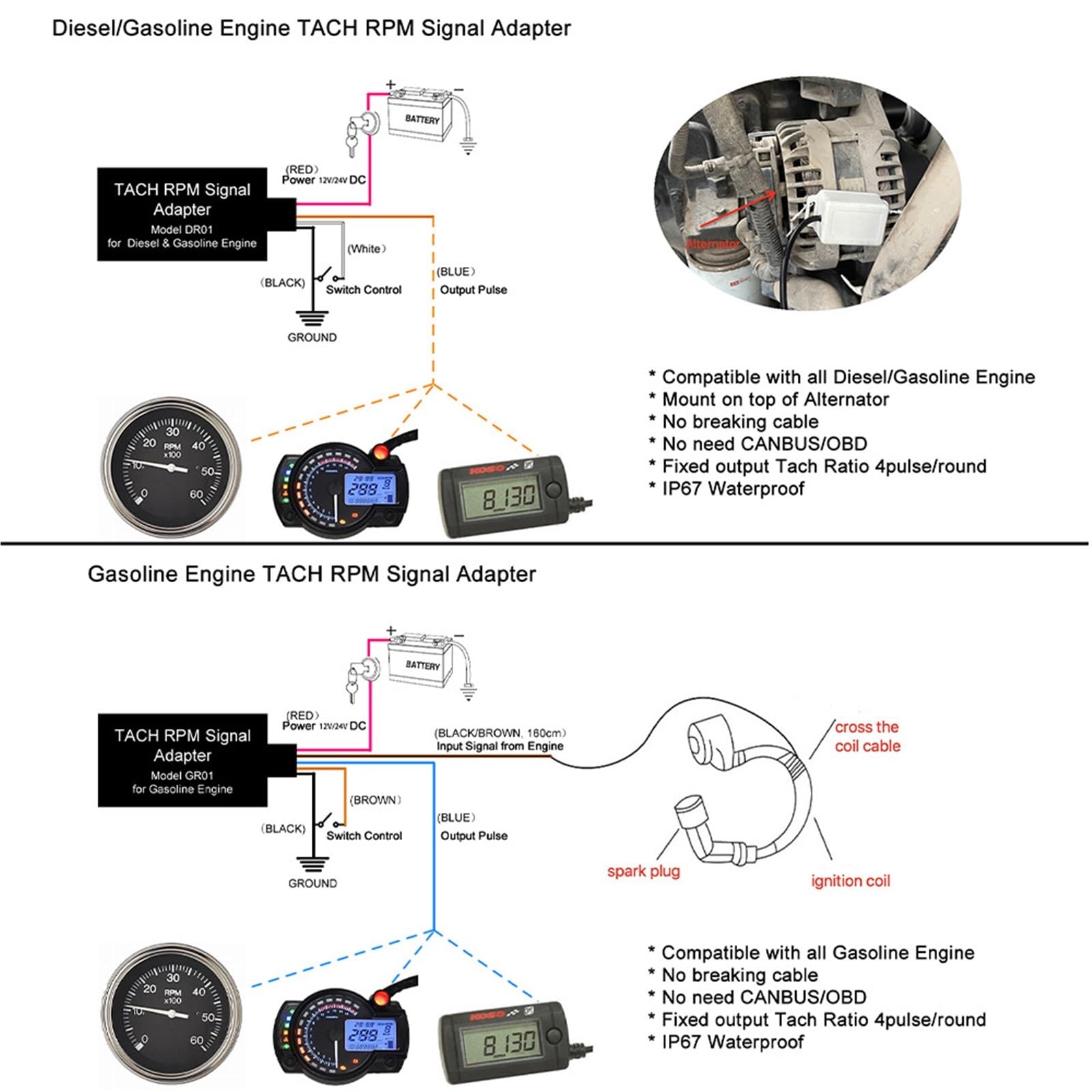 DR01 GR01 Czujnik obrotomierza Adapter sygnału obrotów tachometru pasujący do silników benzynowych Diesel 4 impulsy na rundę 12 V(GR01)