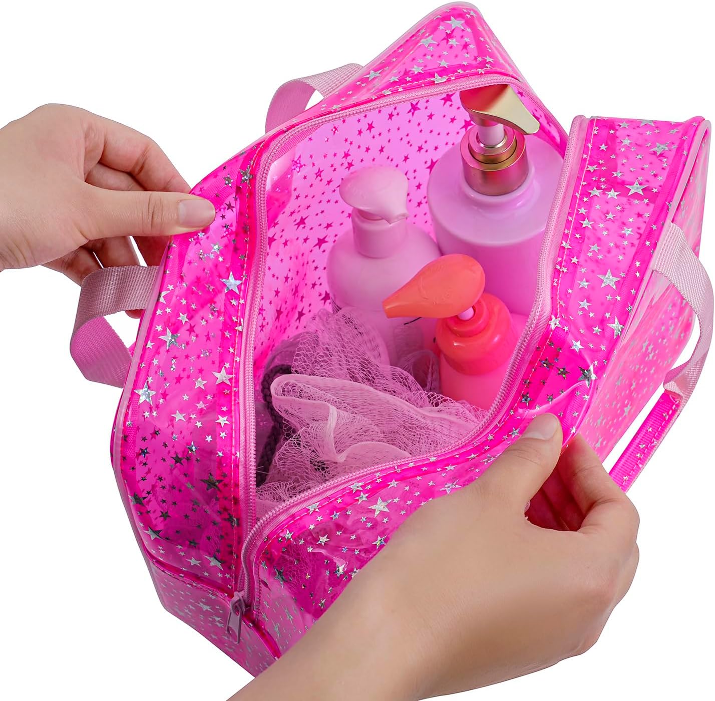 Clear PVC Star Large Cosmetic Bag, Transparent Large Zippered Opening Makeup Bag, Portable Waterproof Travel Bag with Handle, Gym, Swimming and Beach Bag (01Pink) - Image 4