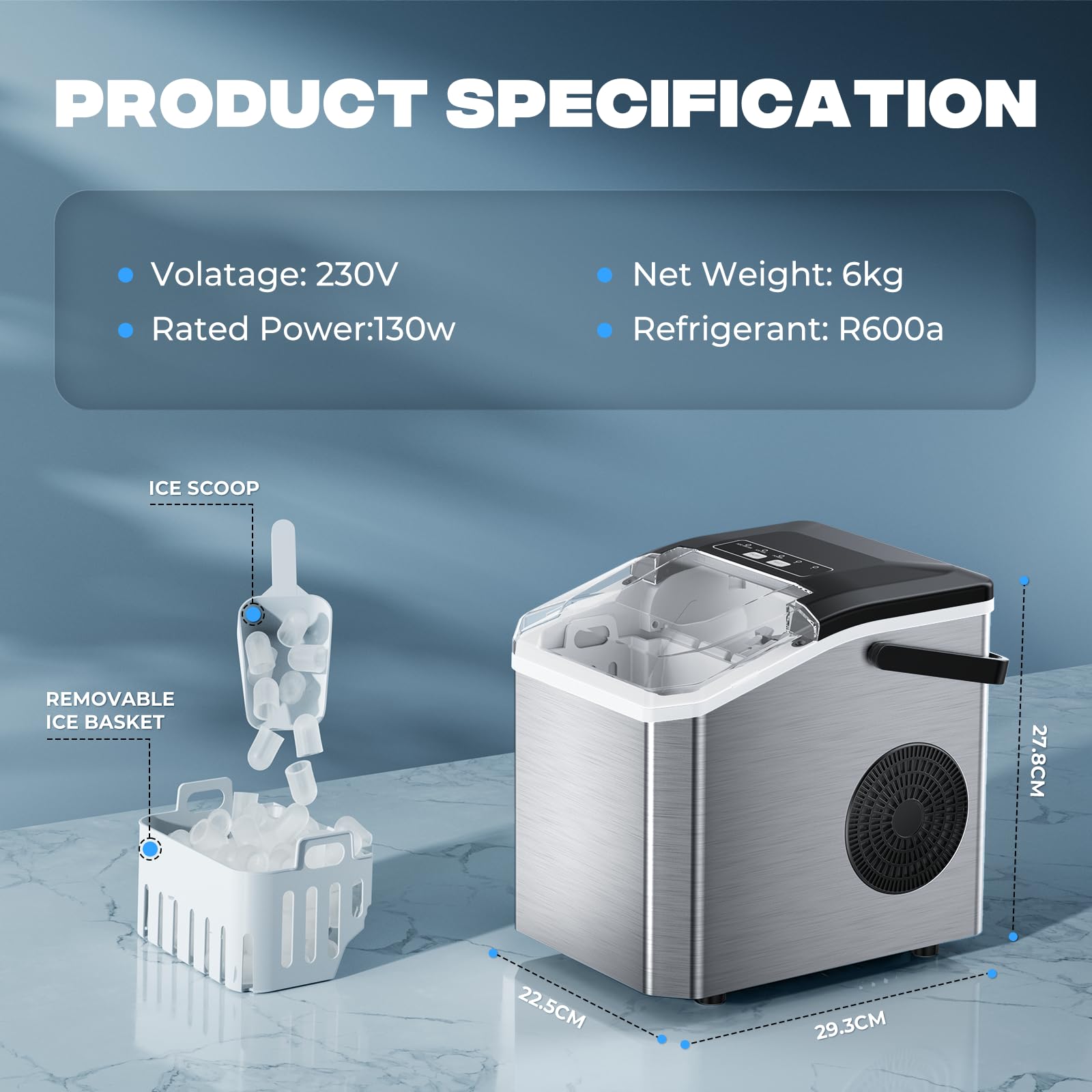 Fabbricatore di Ghiaccio 15kg/24h, 9 Cubetti in 6 Min, Macchina Ghiaccio Portatile con Maniglia e Pulizia Automatica, 2 Dimensioni Cubetti a Proiettile, per Cucina, Campeggio, Casa, Festa - Nero/Inox