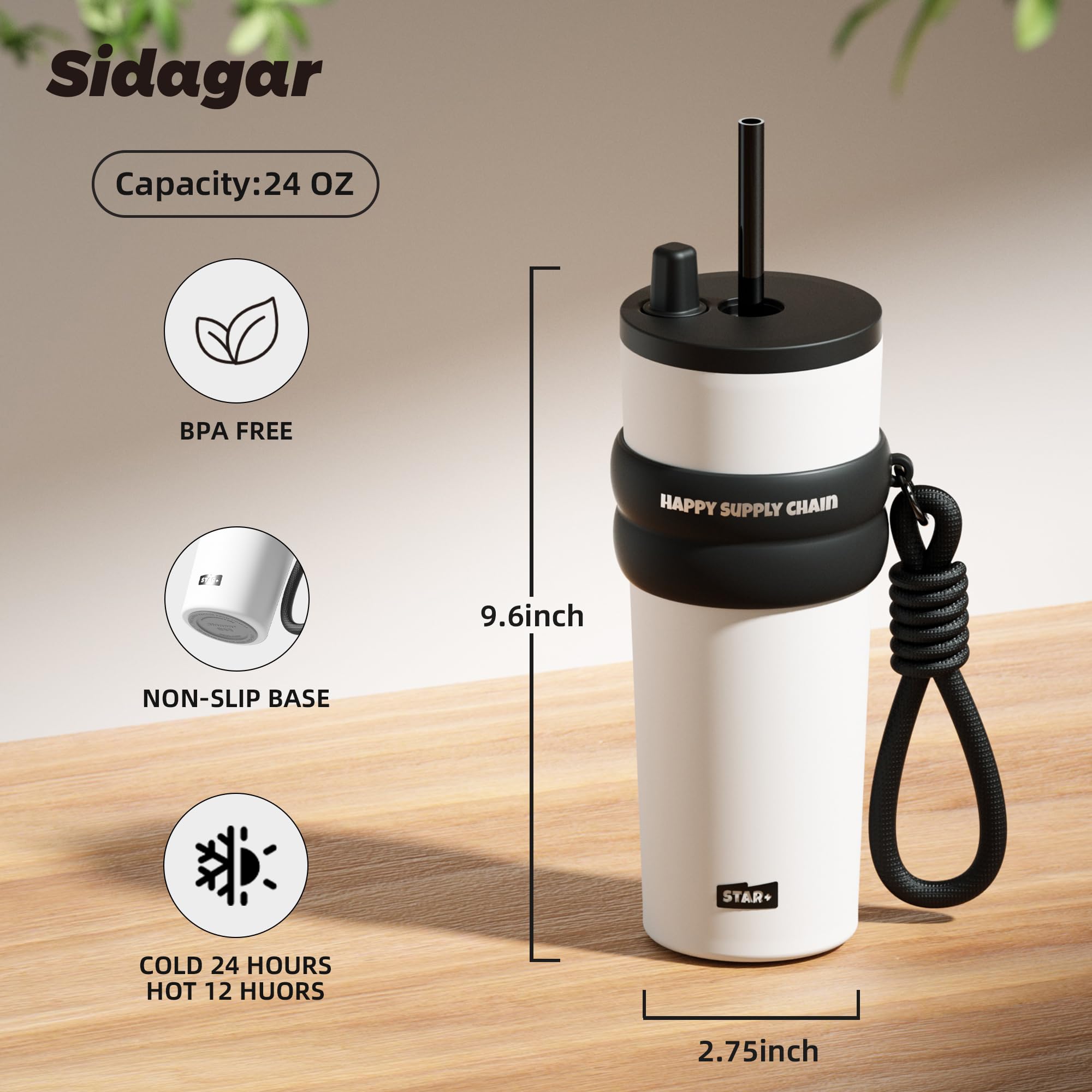 Sidagar 24 oz Insulated Tumbler witn Lid and Straw, Stainless Steel Reusable Leak Proof Water Bottle - Image 3