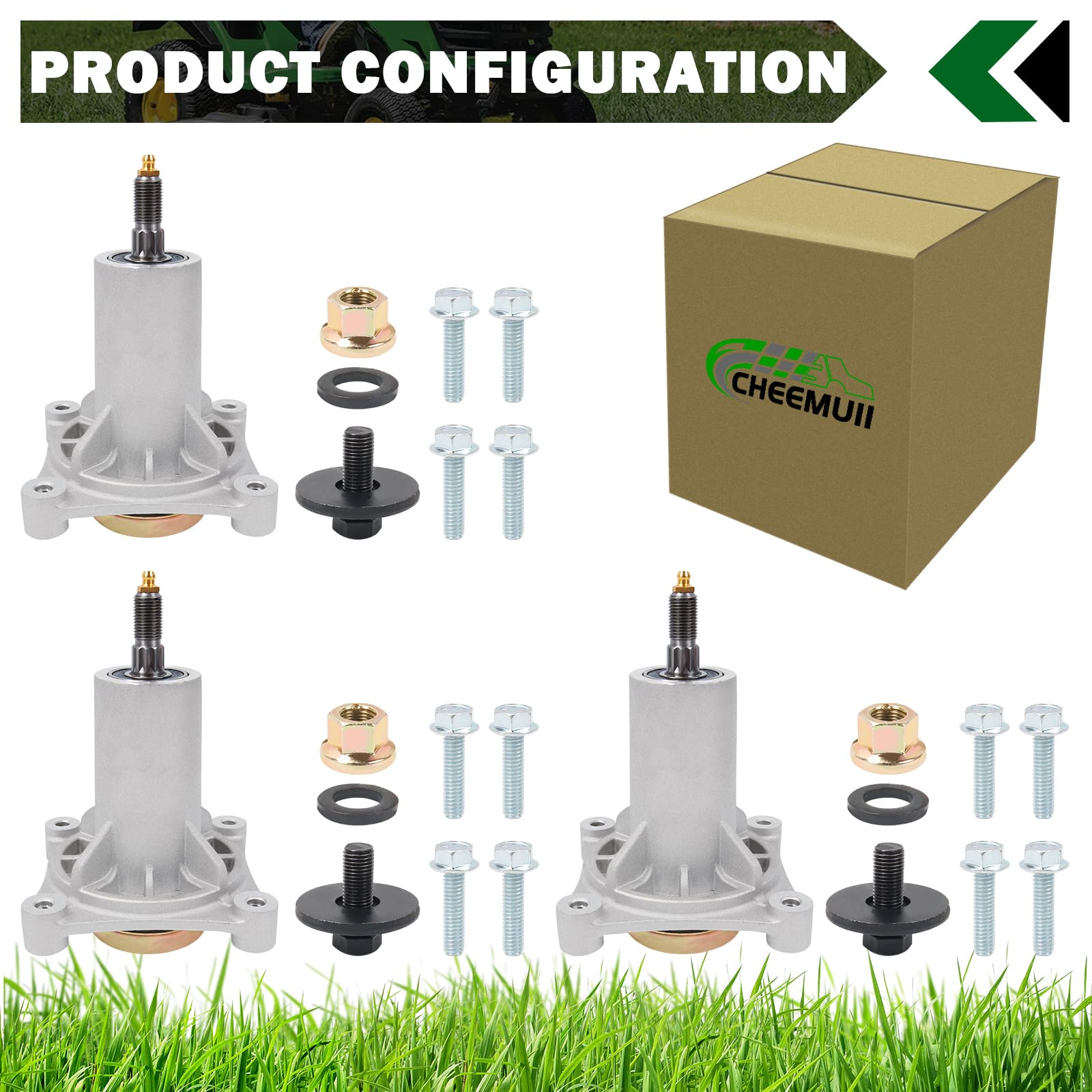 CheeMuii Paquete de 3 piezas de husillo para cortacésped Husqvarna YTH22V46 YTH24V48 YTA18542 Craftsman Ariens Poulan de 42 pulgadas, 46 pulgadas, 48 pulgadas, 54 pulgadas, piezas de repuesto para