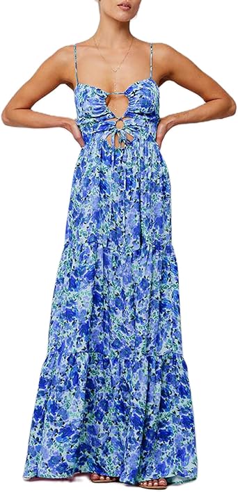 Womens Long Beach Dress Sleeveless Spaghetti Strap Cross Tie-up Front Floral Print Dress Midi Slip Dress