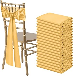50 PCS Gold Satin Chair Sashes Bows Universal Chair Ribbon Ties Back Sash for Wedding Party Reception Events Banquets Hotel Event Chair Cover Decoration (7x108 inch)