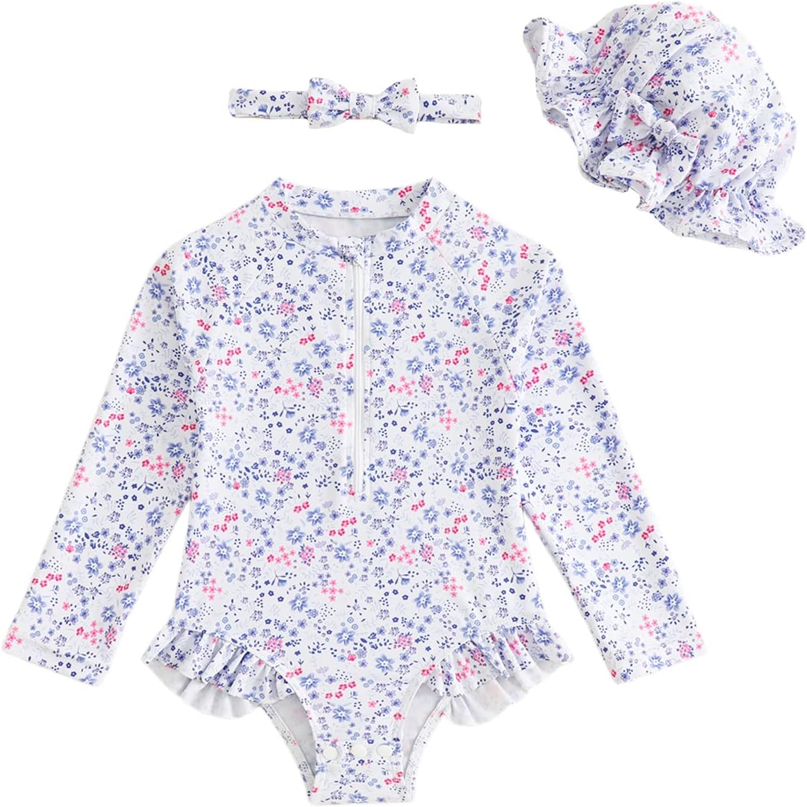 FishingDino Baby Swimsuit Girl Rash Guard Newborn 0M-3T, Long Sleeve UV Infant Bathing Suit with Hat & Headband, Bottom Snaps