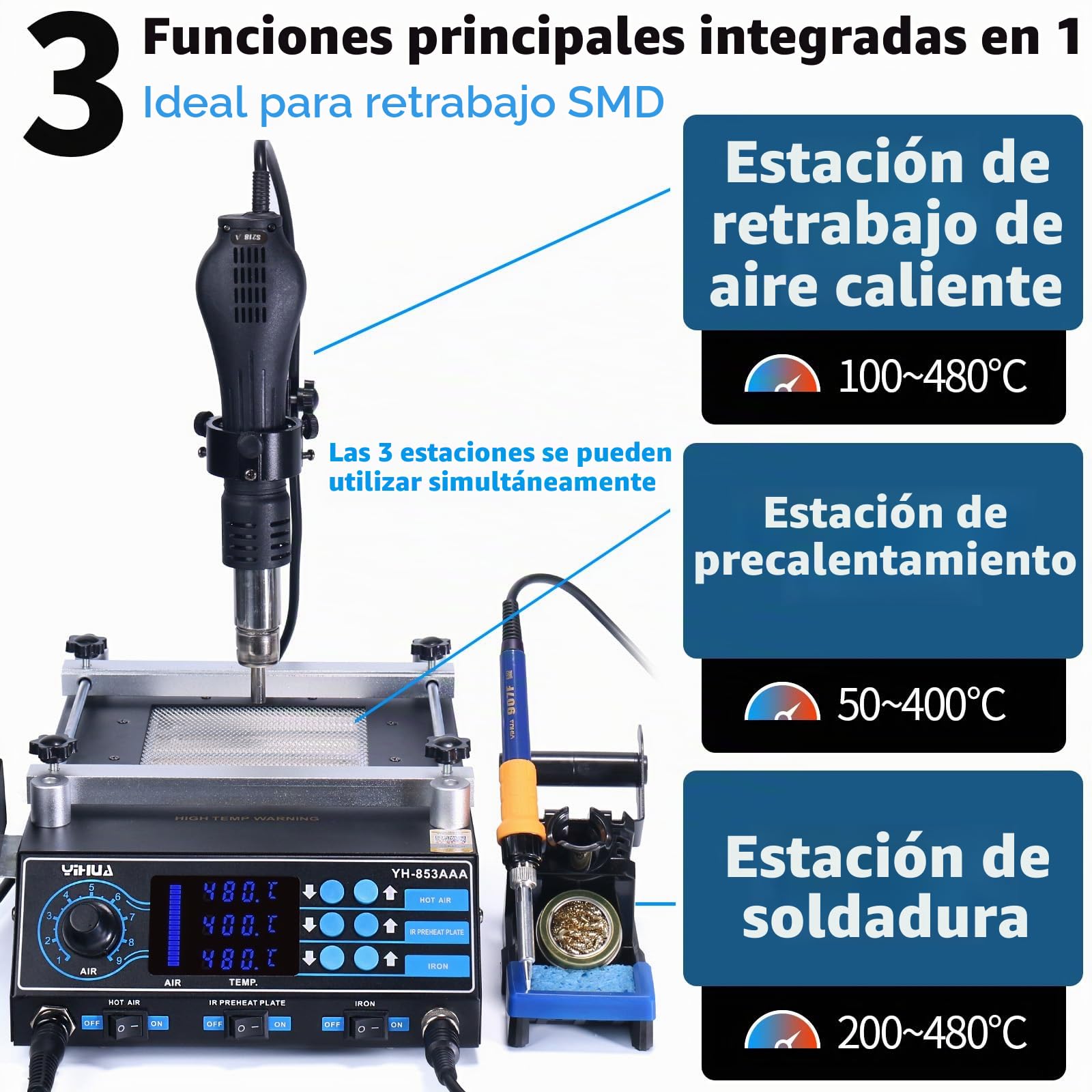 YIHUA 853AAA SMD Estación de soldadura de aire caliente, Juego de estación de soldador y retrabajo, Placa de precalentamiento 3-EN-1 con accesorios(EU Plug)