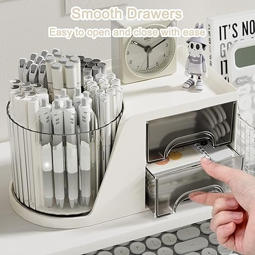 Miniatura 5 de SAYEEC Organizador de escritorio con 2 cajones, 6 ranuras, soporte giratorio multifuncional para lápices, organizador de maquillaje de escritorio,