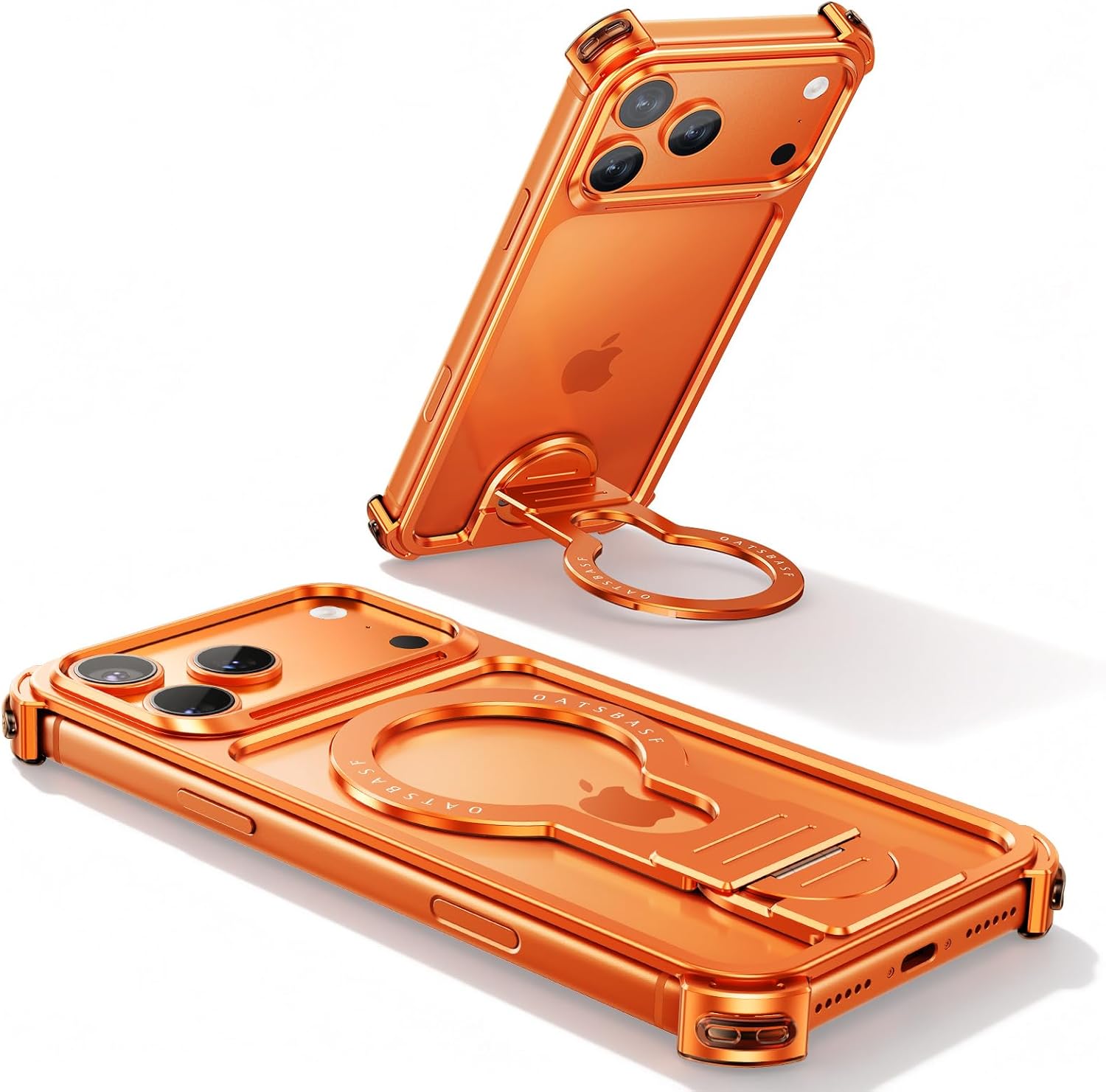 OATSBASF Metal Frameless Case for iPhone 17 Pro Max, Minimalist Design with 360° Rotating Stand, Magnetic Compatible Shockproof Bumper Cover, Orange