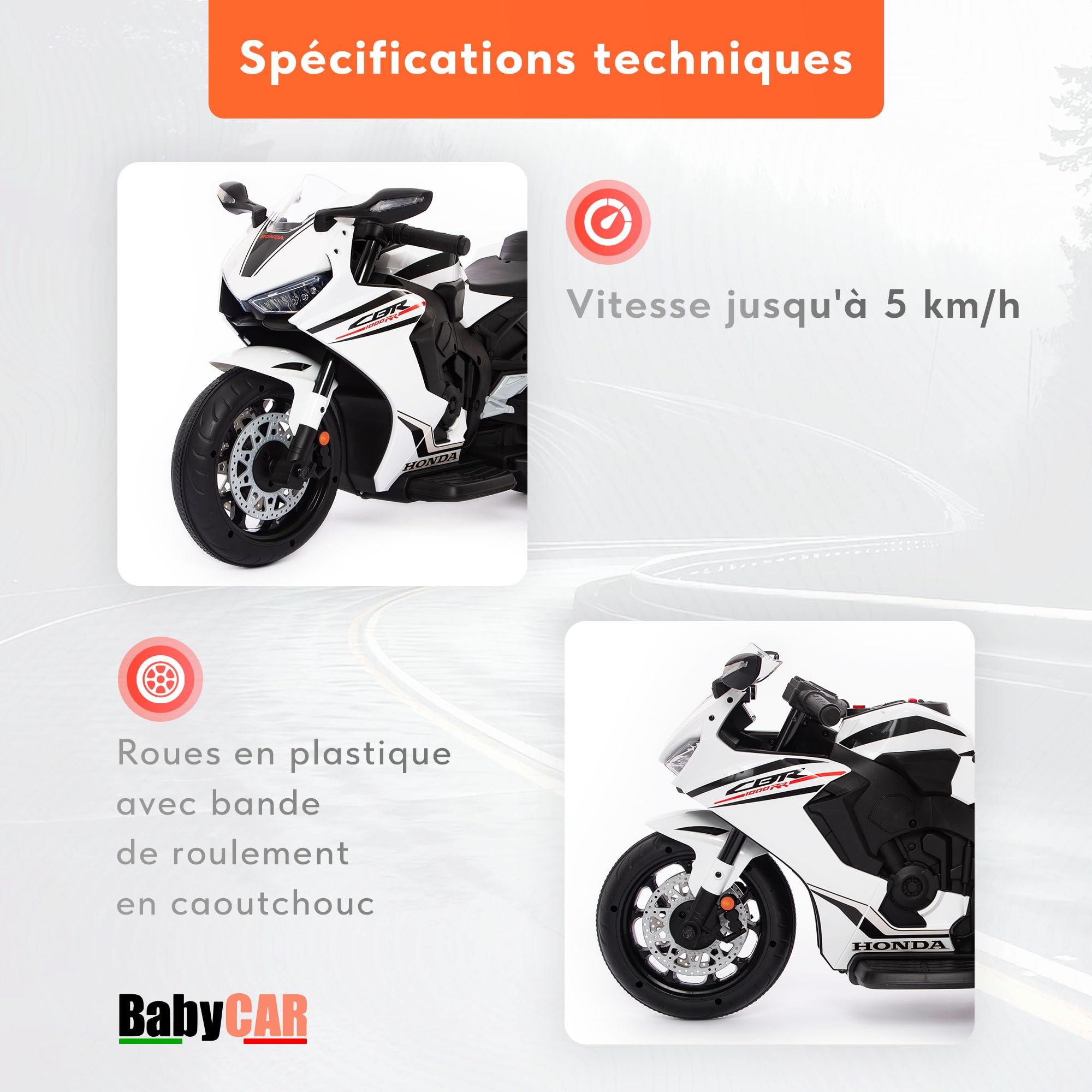 Moto Electrique Enfants BabyCar Honda CBR 12V | Moto Électrique Enfant 3-5 Ans avec Lumières, Sons, MP3/USB et Roulettes Stabilisateurs | Batterie 12V 3,5Ah, Moteur 30W et Accélérateur au Pied | Blanc