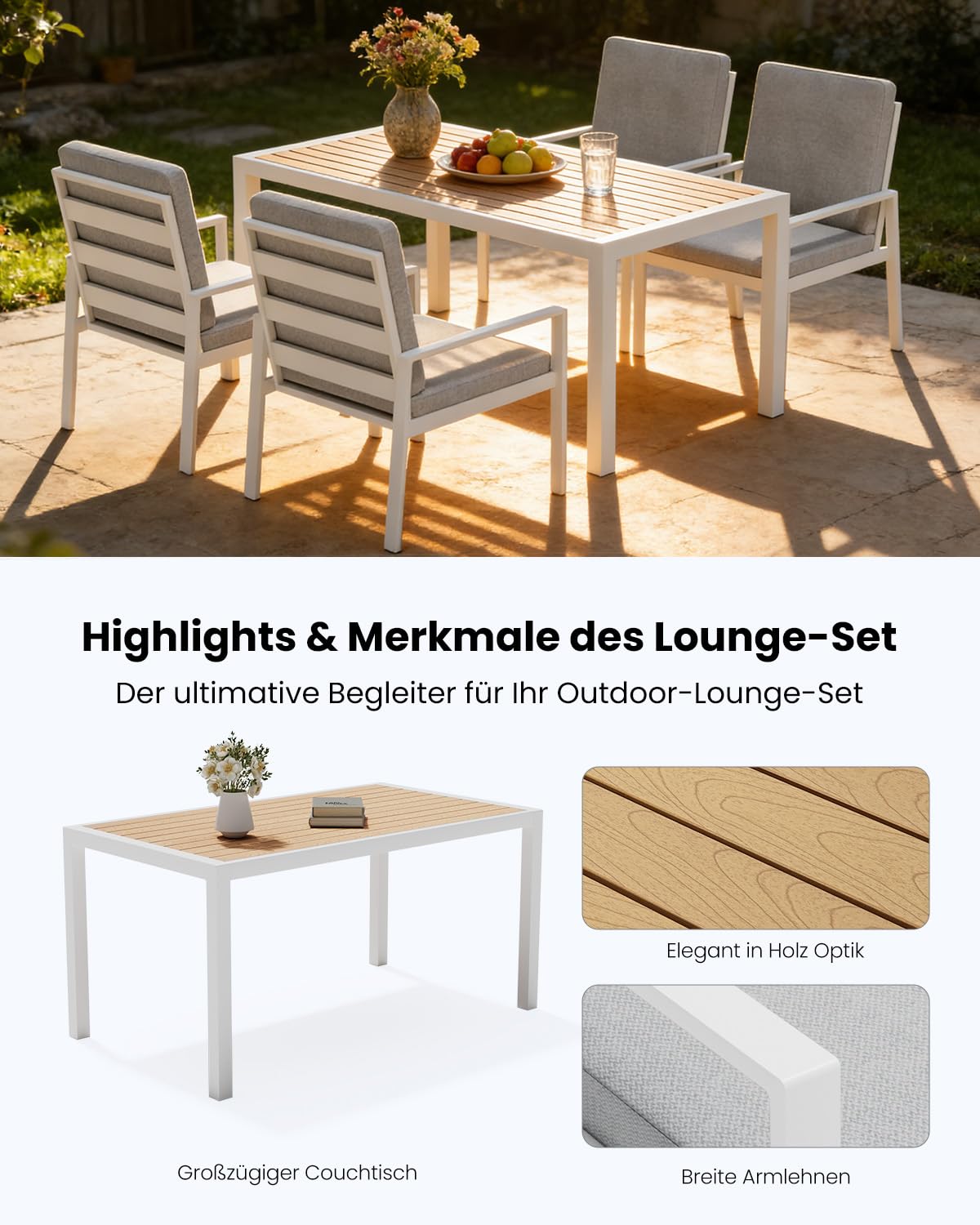 LANOX Gartenmöbel Set mit Tisch & 4 Stühlen – 5-teiliges Garten Essgruppe aus Metall & Aluminium, 140×80 cm Gartentisch, wetterfest, mit Kissen & WPC Tischplatte, Weiß