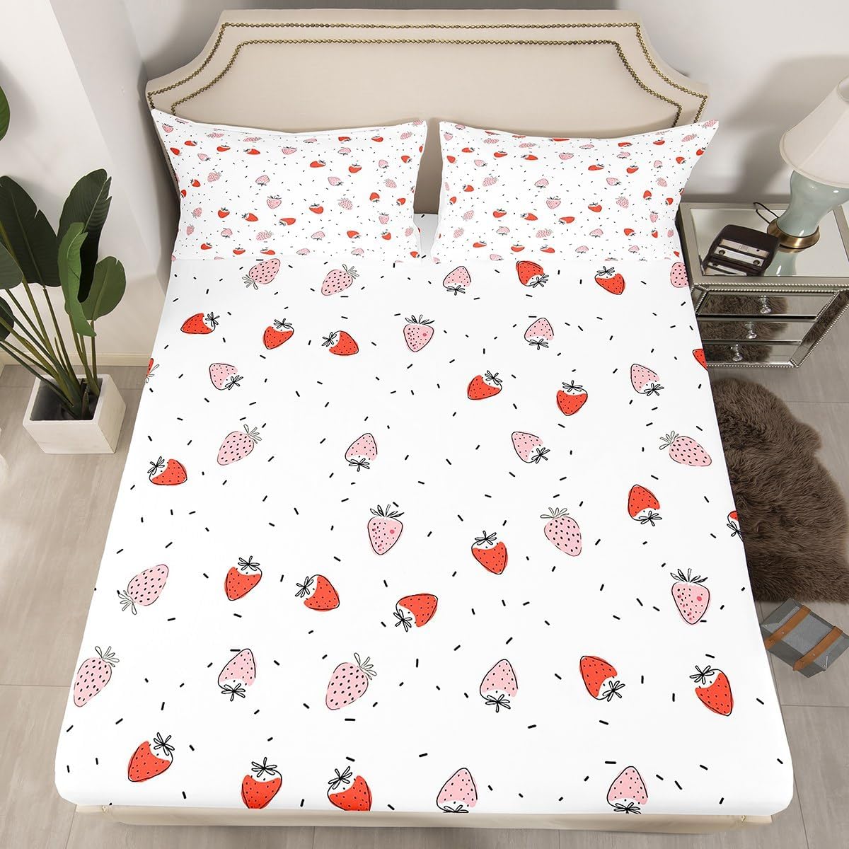 Girls Strawberry Fitted Sheet Kids Pink Cute Fruit Print Bedding Set for Kids Kawaii Room Decor Red White Strawberry Bed Sheet Set Breathable Cartoon Bed Cover Room Decor Queen Size