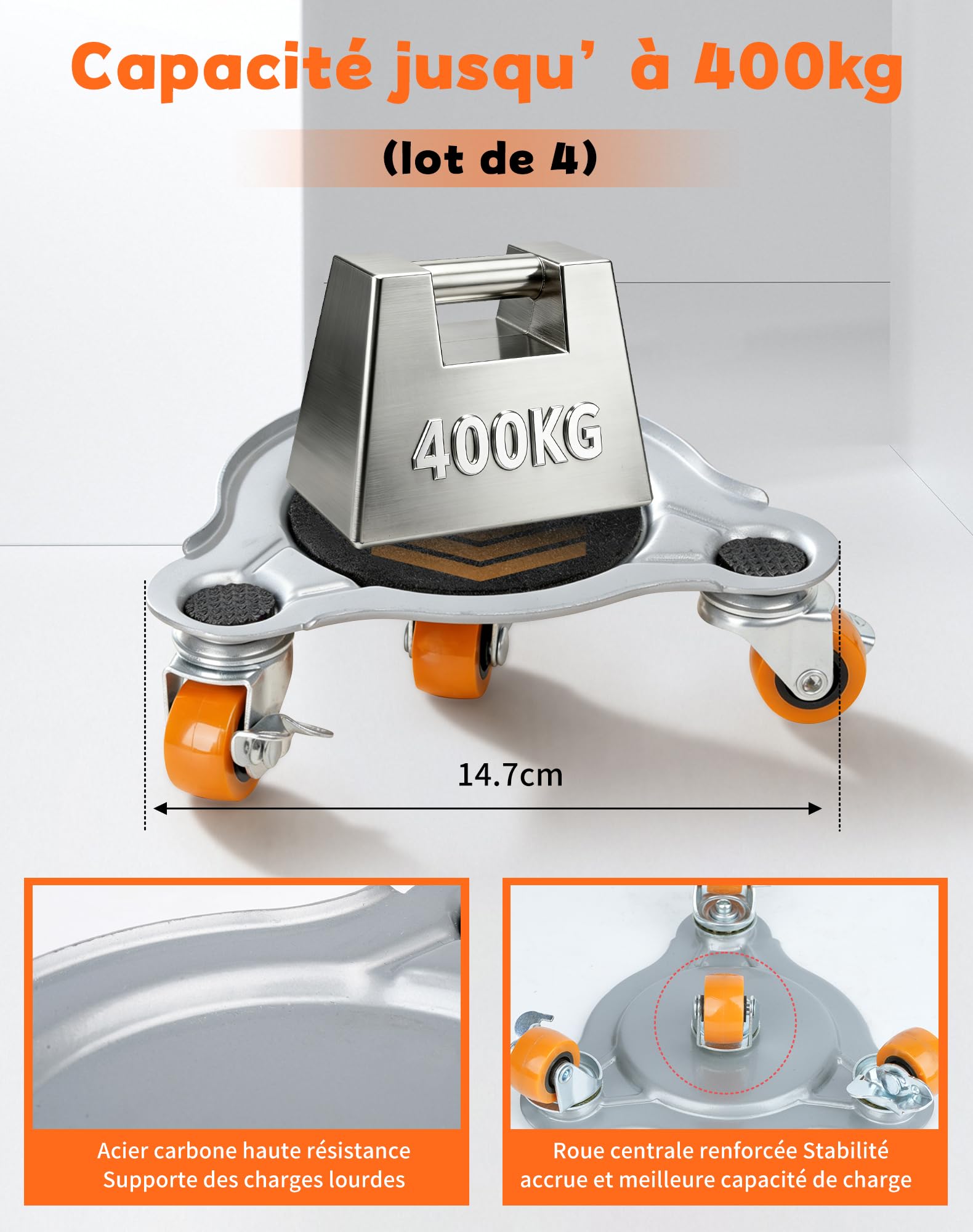 Kit Deplace Meuble avec Lève-Meuble, 4 roulettes Pivotantes 360° avec Frein, Capacité 400 kg pour Déplacer Meubles Lourds, Canapé, Réfrigérateur sans Effort – Outil de Déménagement Professionnel