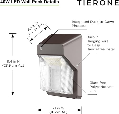 Miniatura 2 de TIERONE Paquete de luz LED de pared de 40 W con fotocélula del atardecer al amanecer, luz LED de montaje en pared al aire libre para porche, jardín,