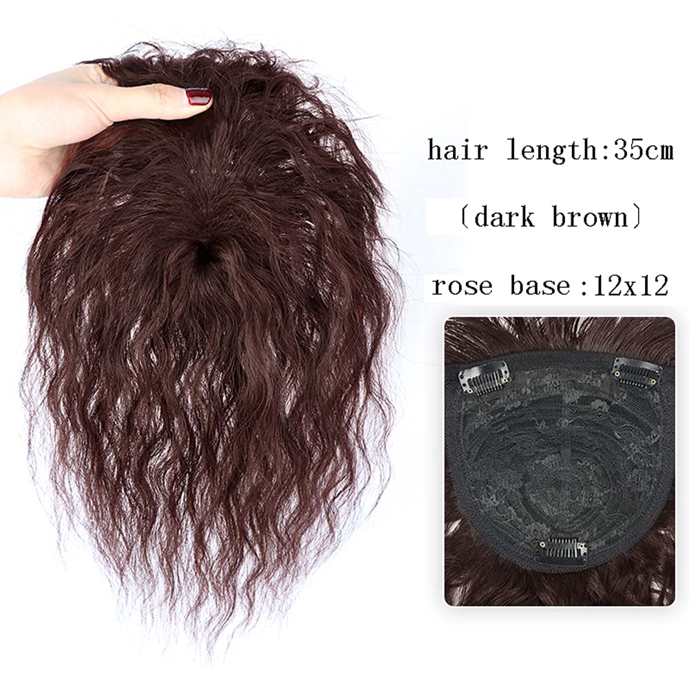 YYDS Fluffy Messy Human Hair Topper Wig with bangs Increase the amount of hair on the top of the head to cover the white hair Hairpiece (12x12 35CM Dark Brown)