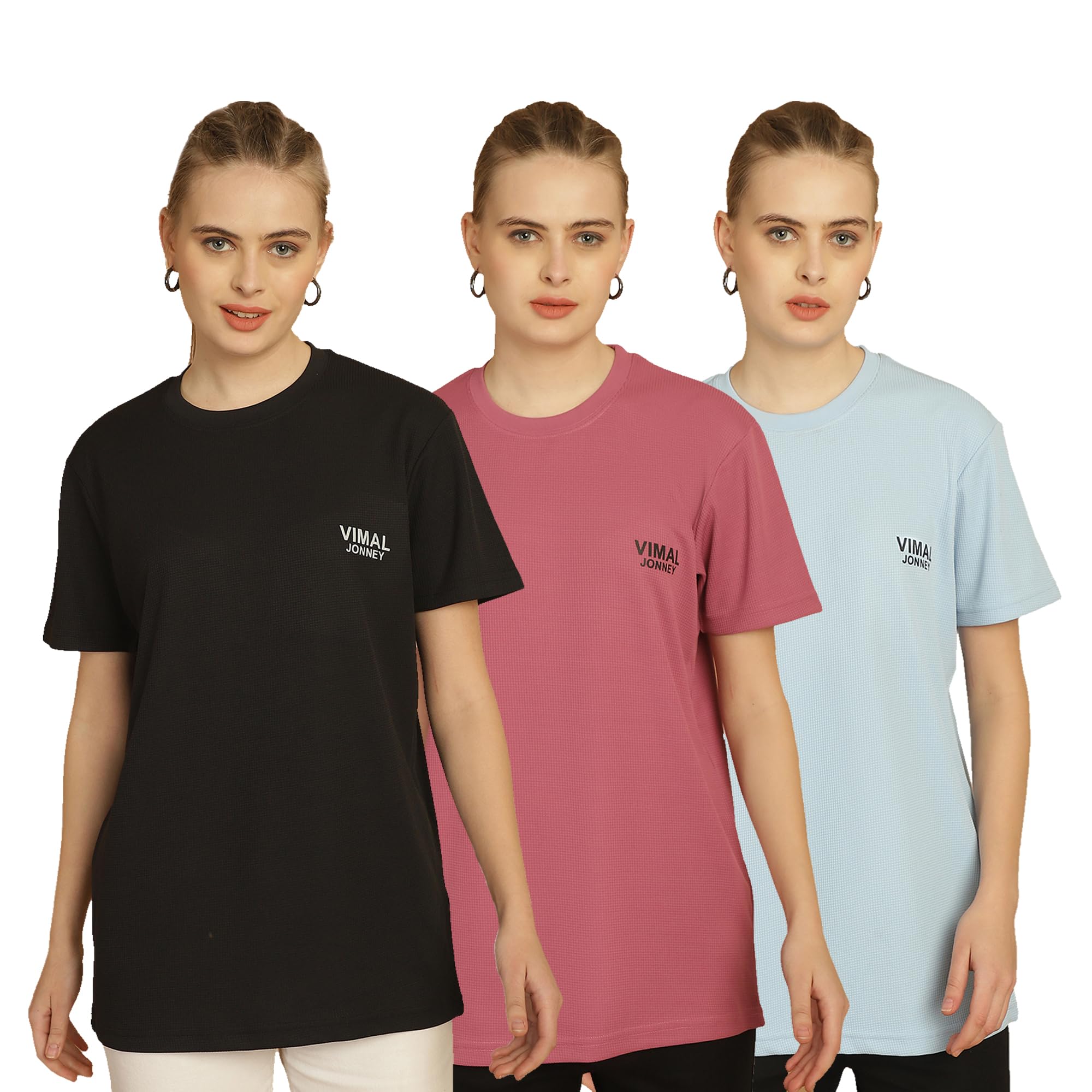 Mack Jonney Solid Round Neck Regular Fit Polyester Lycra Half Sleeves Tshirt for Women(Pack of 3)-MACK630864