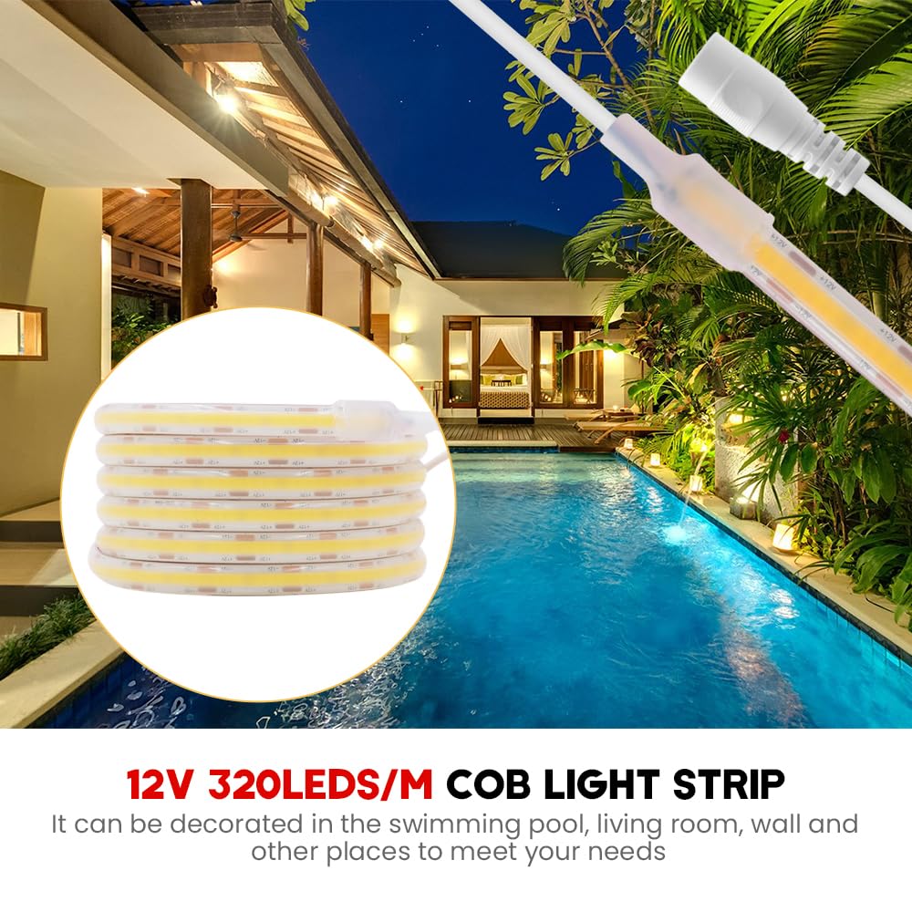 KISUFU 12V Cinta LED COB 320 LEDs/M DC Impermeable IP68 Tira de luz LED con fuente de alimentación para interior y exterior de la cocina del hogar Decoración