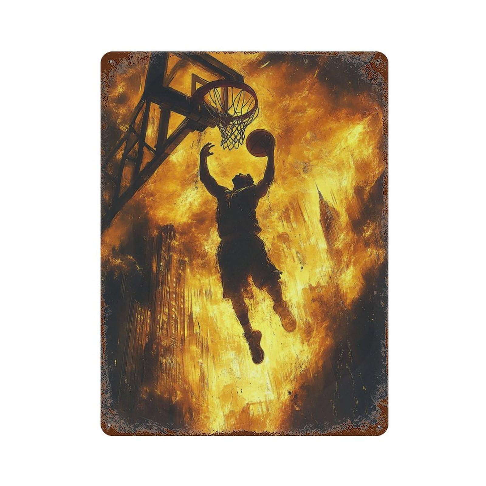 Basketball Silhouette in Flames Rust Effect Tin Sign 15.7"x11.8", Ideal for Garage, Bar And Workshop Decor