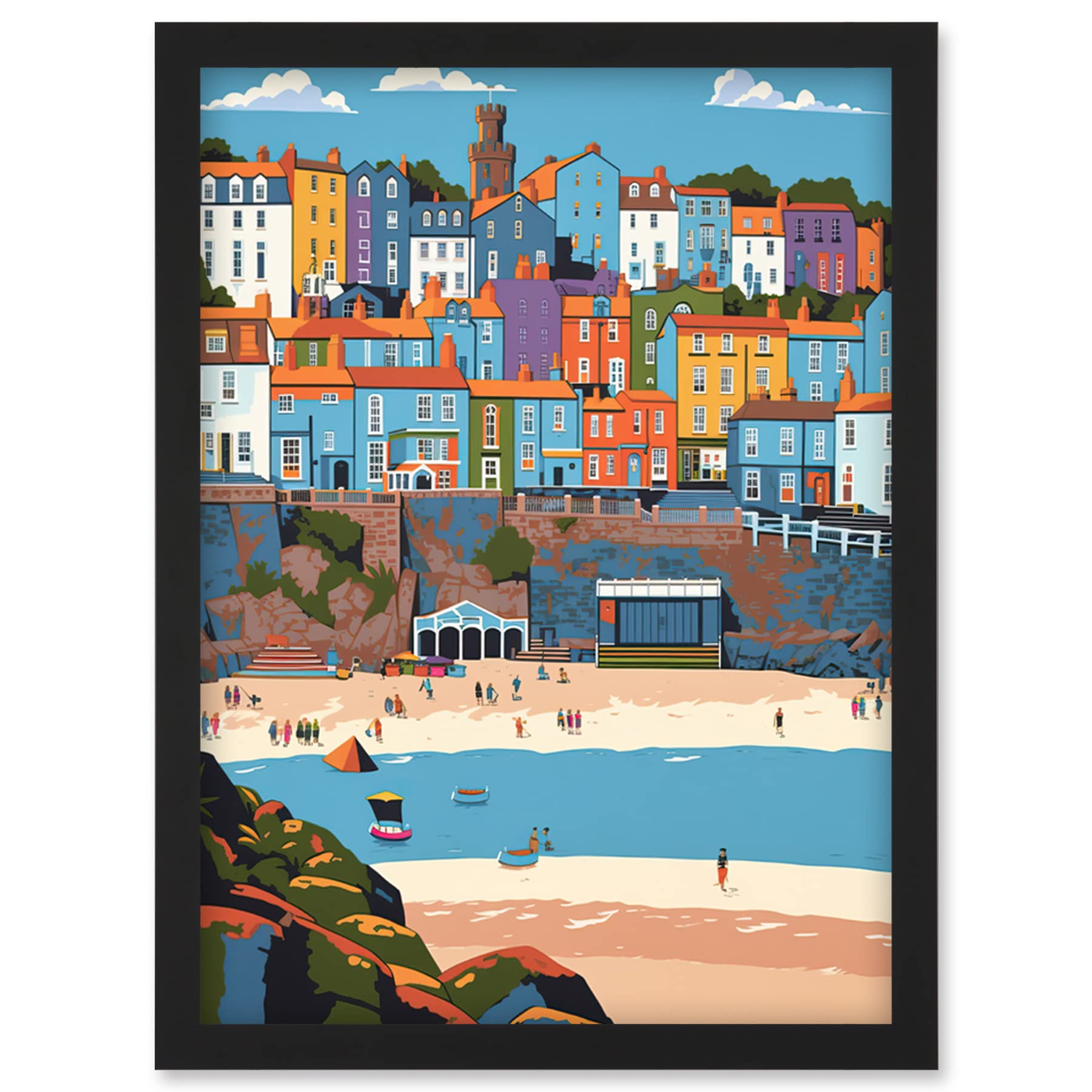 Artery8 Tenby Castle Beach in Wales Colourful Townscape Artwork Framed Wall Art Print A4