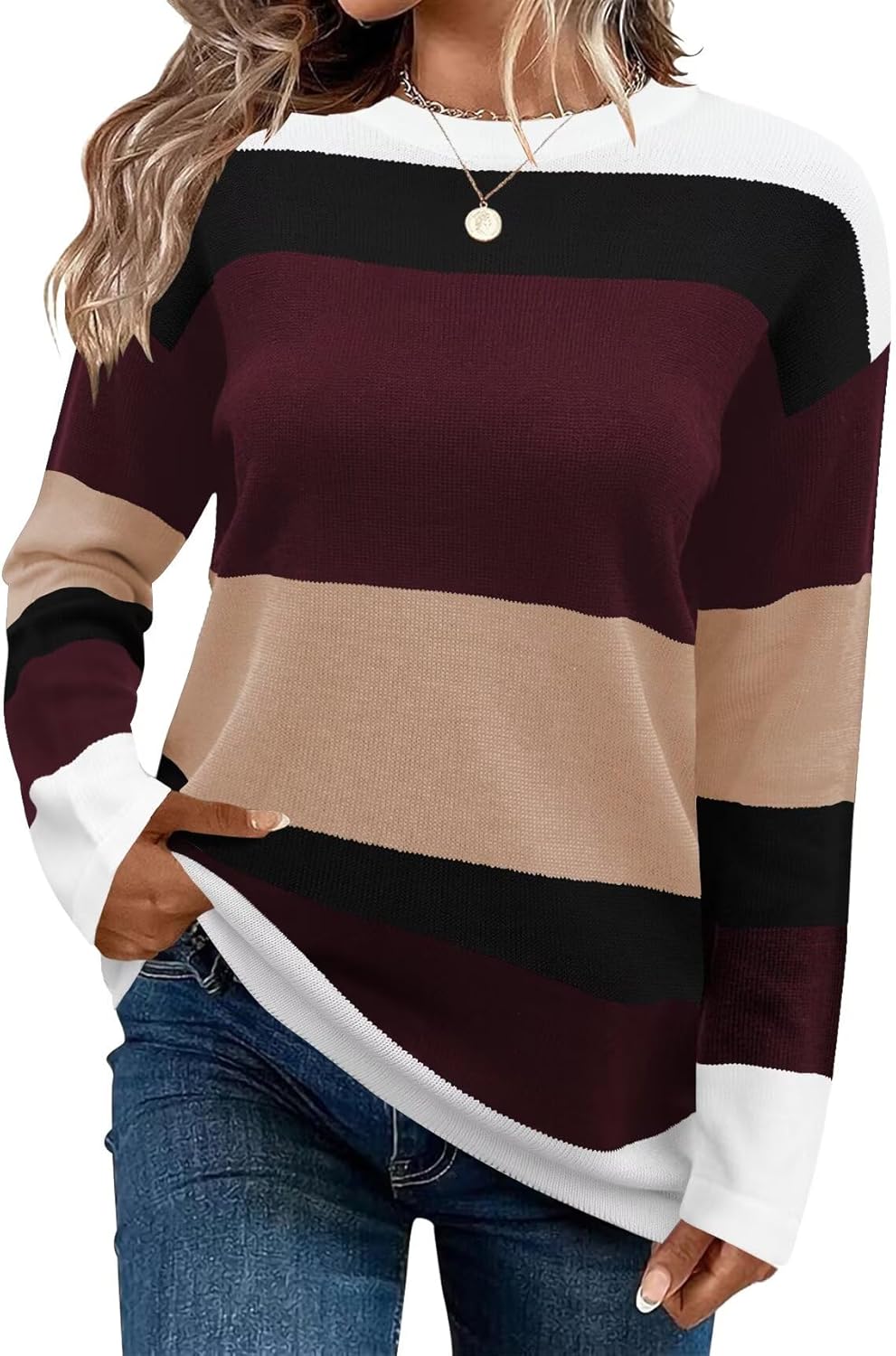 FEKOAFE Women's 2026 Cute Striped Sweaters Crew Neck Long Sleeve Pullover Sweaters for Women