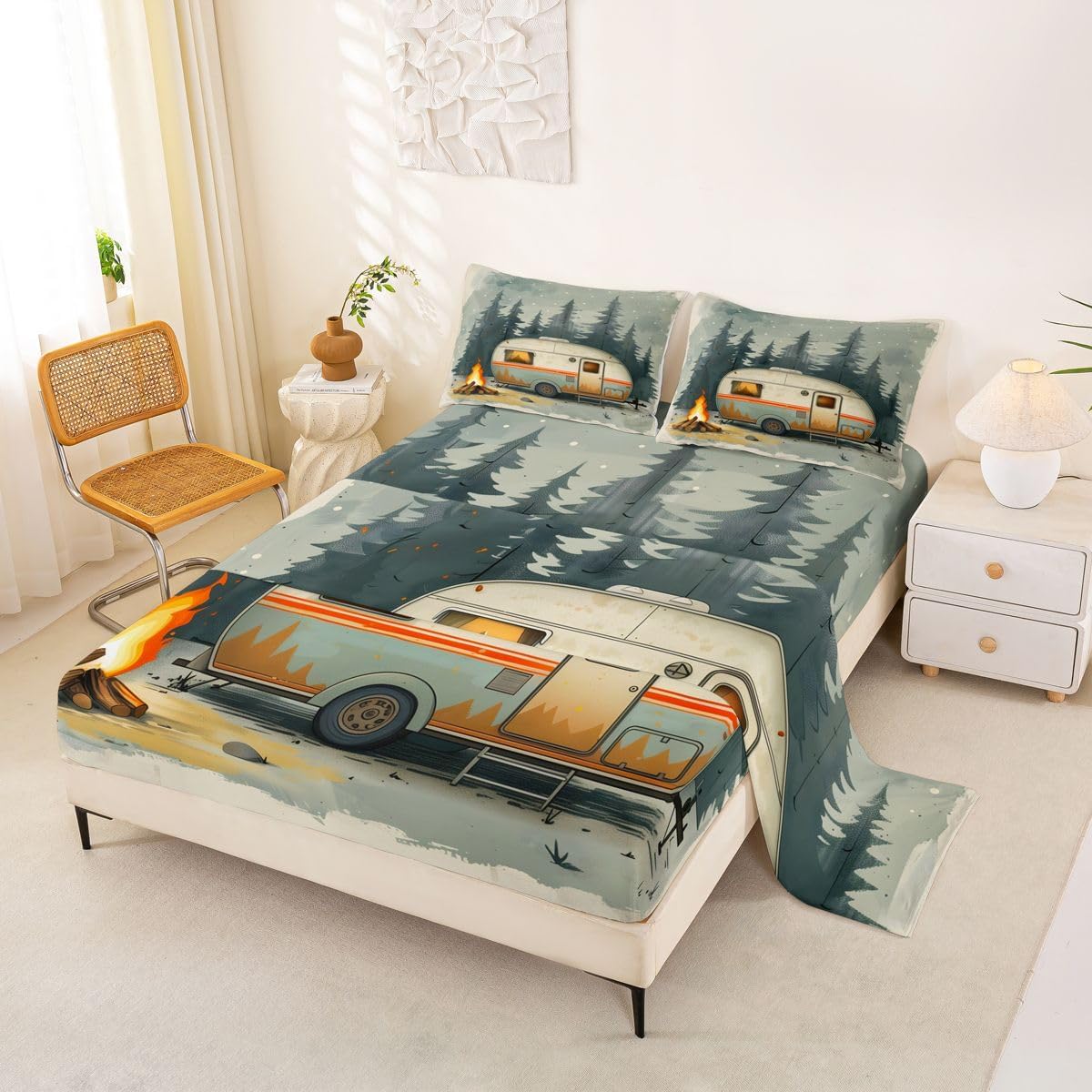 Happy Camping Bed Sheets Full Camper RV Trailer Sheet Set Camping Travel Tent Bedding Set for Kids Boys Girls,Mountain Adventure Fitted Flat Sheets 4 Piece