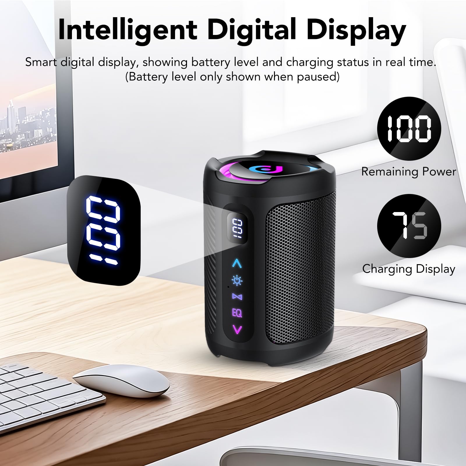 Cassa Bluetooth Portatili senza fili con luce LED, Display Digitale Intelligente+Smart EQ, Altoparlante Bluetooth Bassi Potente, Bluetooth 5.4, Speaker da Esterno per Viaggi, Sport, Feste, Ciclismo