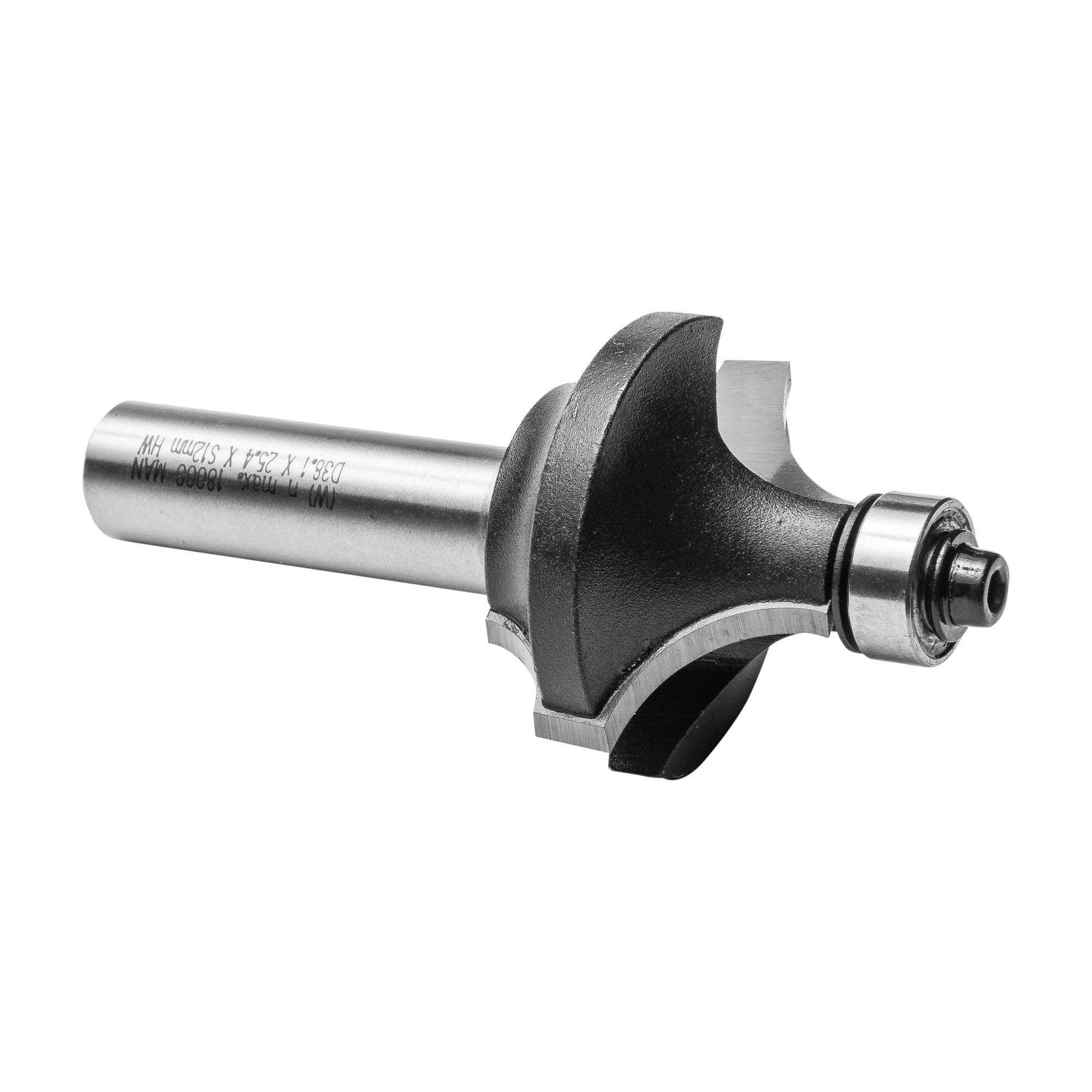ENT 14580 Fresa de doble radio, en carburo, vástago (S) de 12 mm, diámetro (D) de 38,1 mm, longitud útil (NL) de 25,4 mm, radio 1 (R1) de 6,35 mm, radio 2 (R2) de 12,7 mm, longitud total (SL) de 40 mm, con rodamiento de bolas