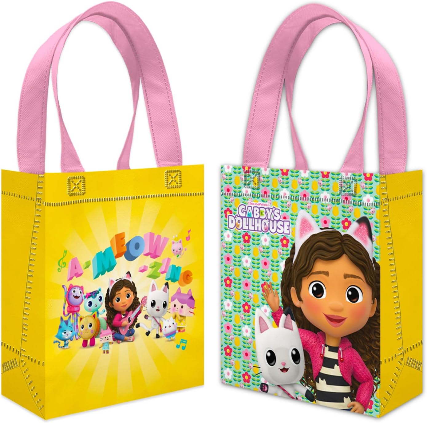Gabby's Dollhouse Party Favor Bags for Kids Birthday 12 Pack Bundle | Mini 8" Gabbys Dollhouse Party Goodie Bags, Bulk Reusable Tote Canvas Gift Bags - Gabby's Dollhouse Party Supplies for Girls
