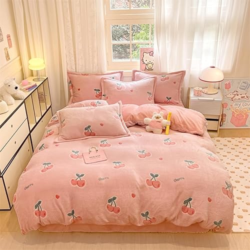 LMONMOO Juego de funda de edredón tamaño individual, juego de funda de edredón de fresa rosa, súper suave, juego de ropa de cama kawaii, bonito