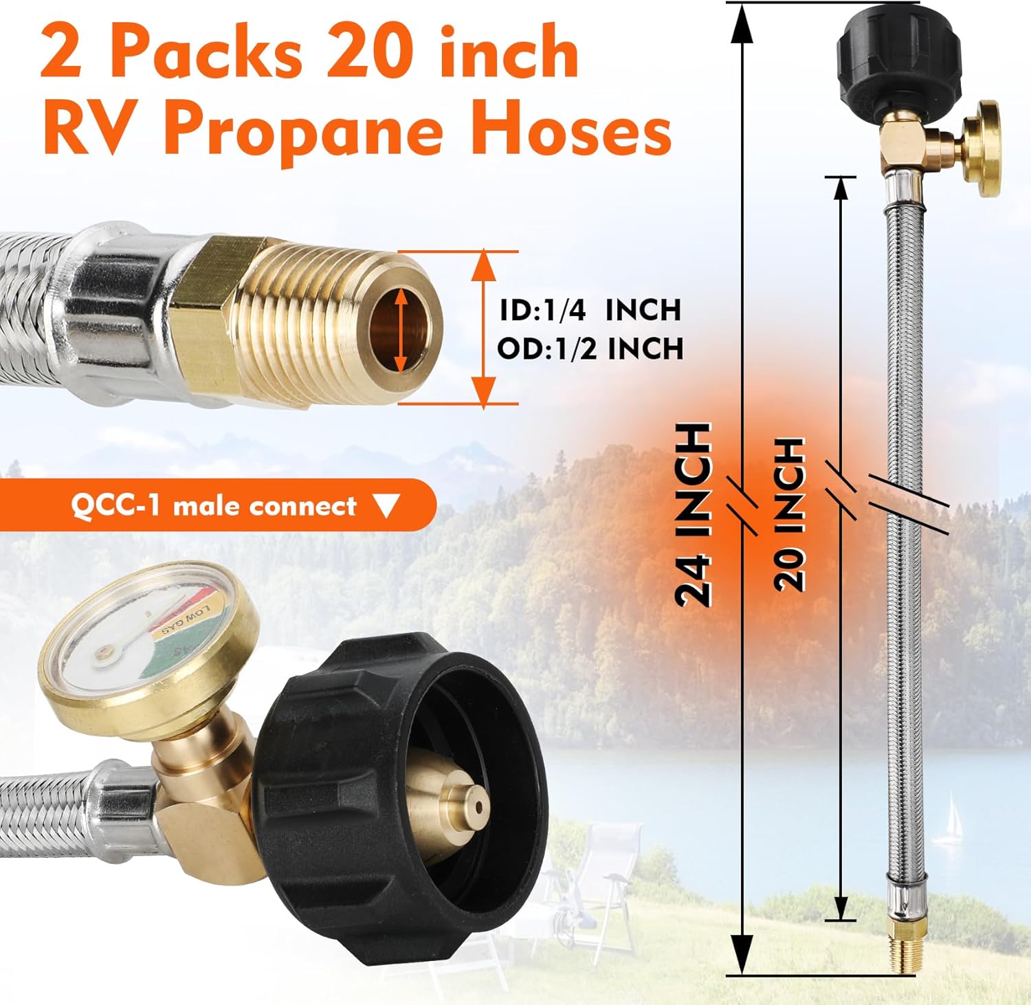 20 Inch RV Propane Hose with Gauge, 2 Pack RV lp Gas Propane Hose Replacement for Two-Stage Regulator, Stainless Steel Braided with 1/4" Male NPT & QCC Type1 Inlet (20in)