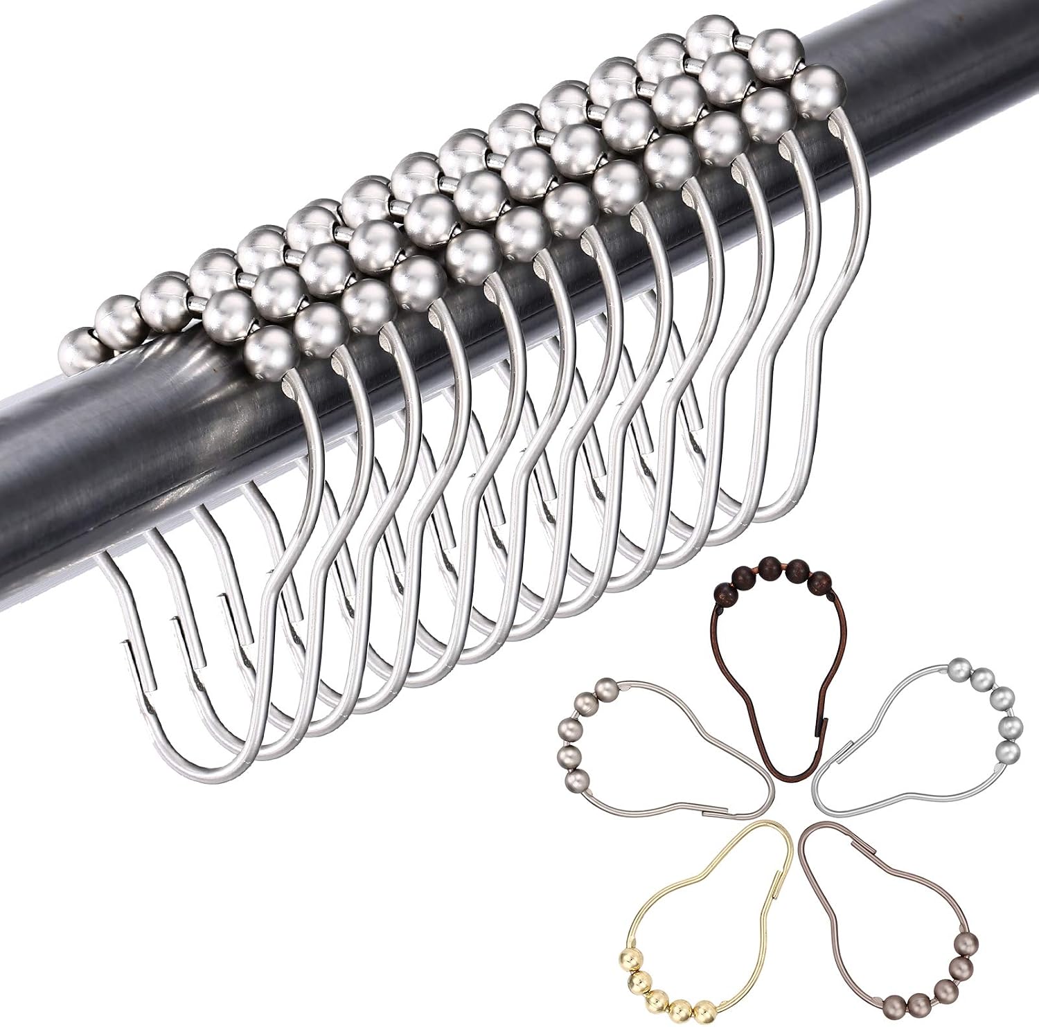 BAGAIL Brushed Nickel Shower Curtain Hooks,304 Stainless Steel Shower Curtain Rings, Rust Proof Metal Shower Hooks for Bathroom Shower Rods,Set of 12 Hooks