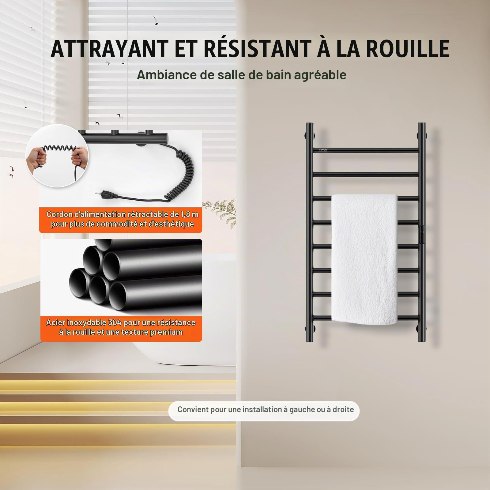 VEVOR Radiateur Sèche-Serviettes Électrique 8 Barres, Porte-Serviettes Chauffant Mural, Chauffe-Serviettes à Température Réglable, Étanche IPX5, avec Minuterie et Écran LED, Salle de Bain, Noir