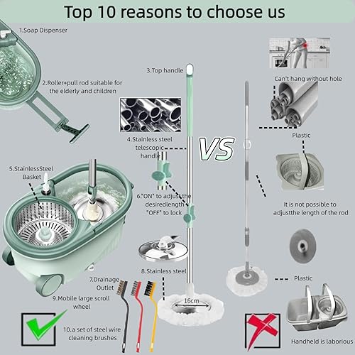 Miniatura 6 de Trapeador giratorio de alta resistencia y cubo con juego de escurridor, cesta de acero y ruedas de gran tamaño, sistema de limpieza de 360 con mango