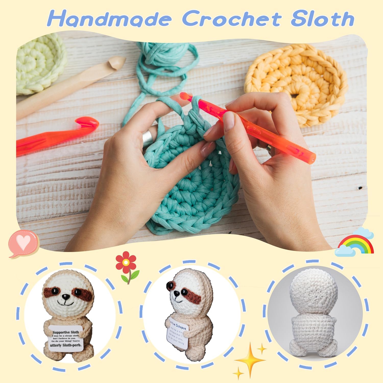 Sloth Gifts, Crochet Support Sloth– Handmade Emotional Cheer Support Funny Gifts for Friend Coworker Birthday Christmas Stocking Stuffer White Elephant Under 10 Dollars - Image 3