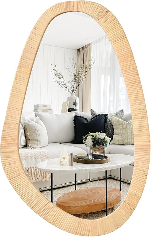 H HOMEWINS Rattan Wall Mirror,Boho Wicker Coastal Irregular Mirror | 30.5'' x 19.5" Wooden Framed Farmhouse decorative Vanity Mirror for Bathroom Living Room Entryway