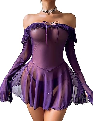 Avidlove Sexy Lingerie Babydoll Rave Ruffle Dress Off Shoulder Long Sleeve Nightgowns Outfits For Women S-XXL - Large - Purple