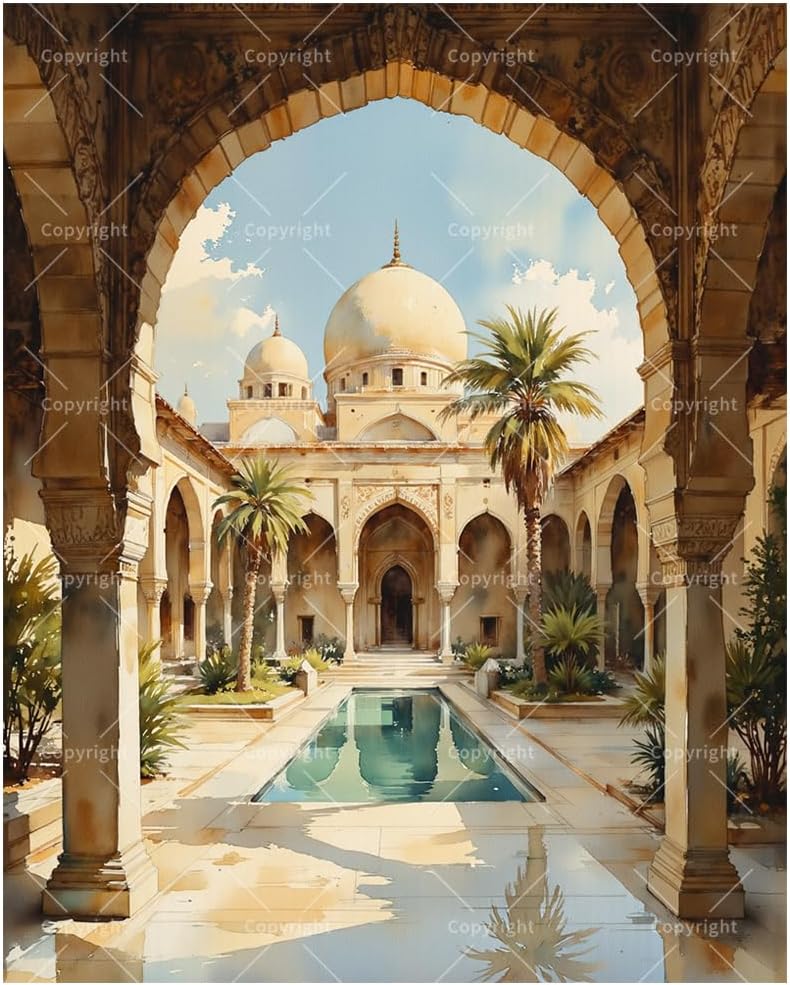 Architectural Elegance Paint by Numbers Kit for Adults - DIY Mosque Painting on Canvas, Acrylic Paint Set, Suitable for Beginners, Ideal for Home Decoration or Gifts(8X12IN Framed)