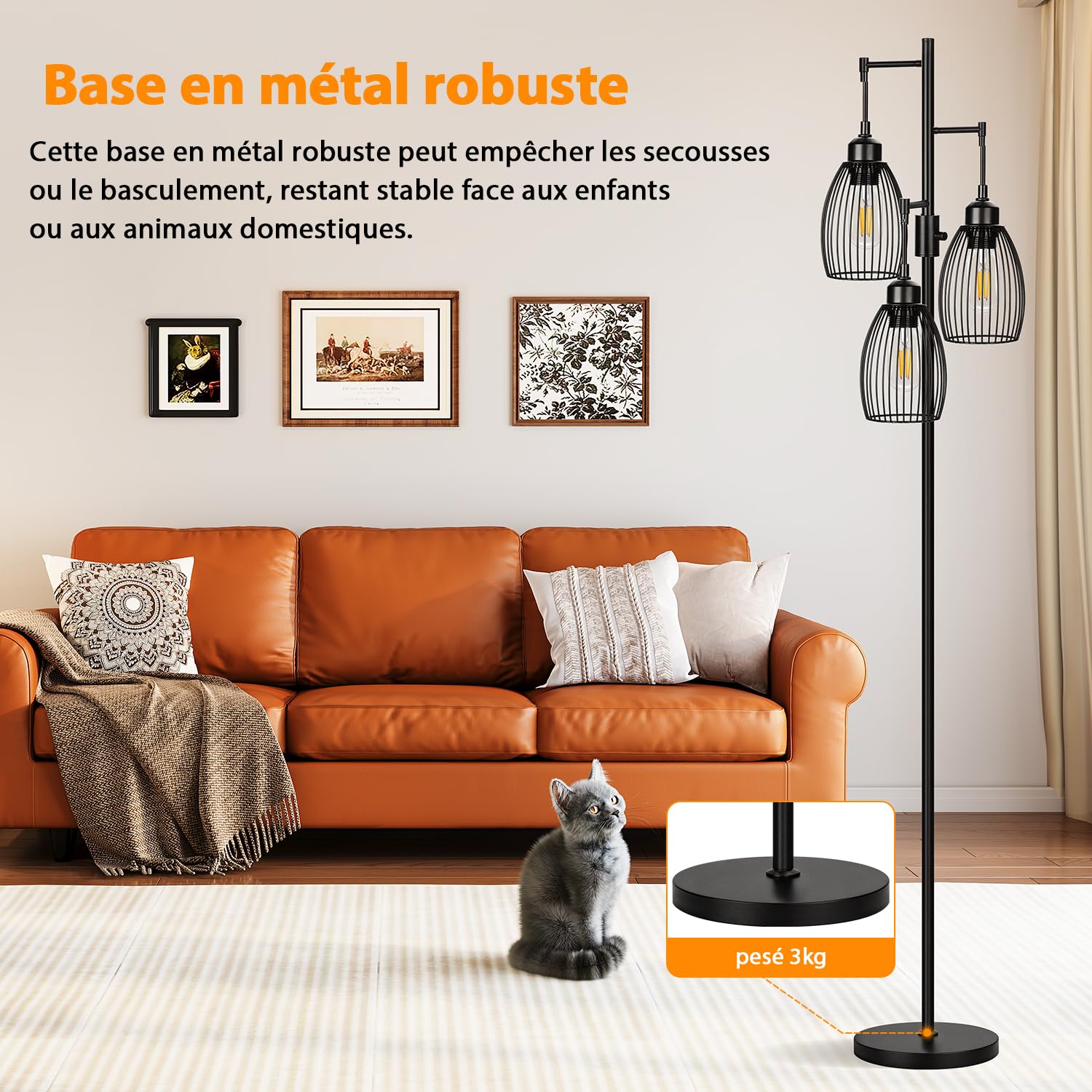 Nintiue Lampadaire sur pied avec variateur, 3 x ampoules LED 800 lm, cage en forme de larme, pour salon et chambre