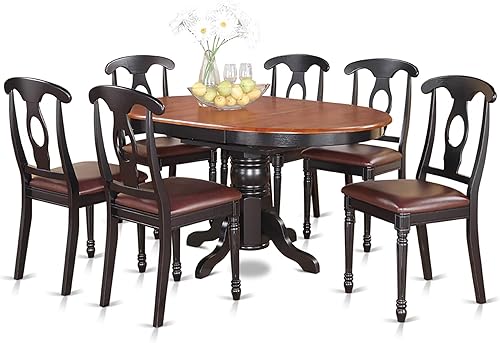East West Furniture KENL7-BLK-LC - Juego de mesa de comedor moderno de 7 piezas, consta de una mesa ovalada de madera con hoja de mariposa y 6