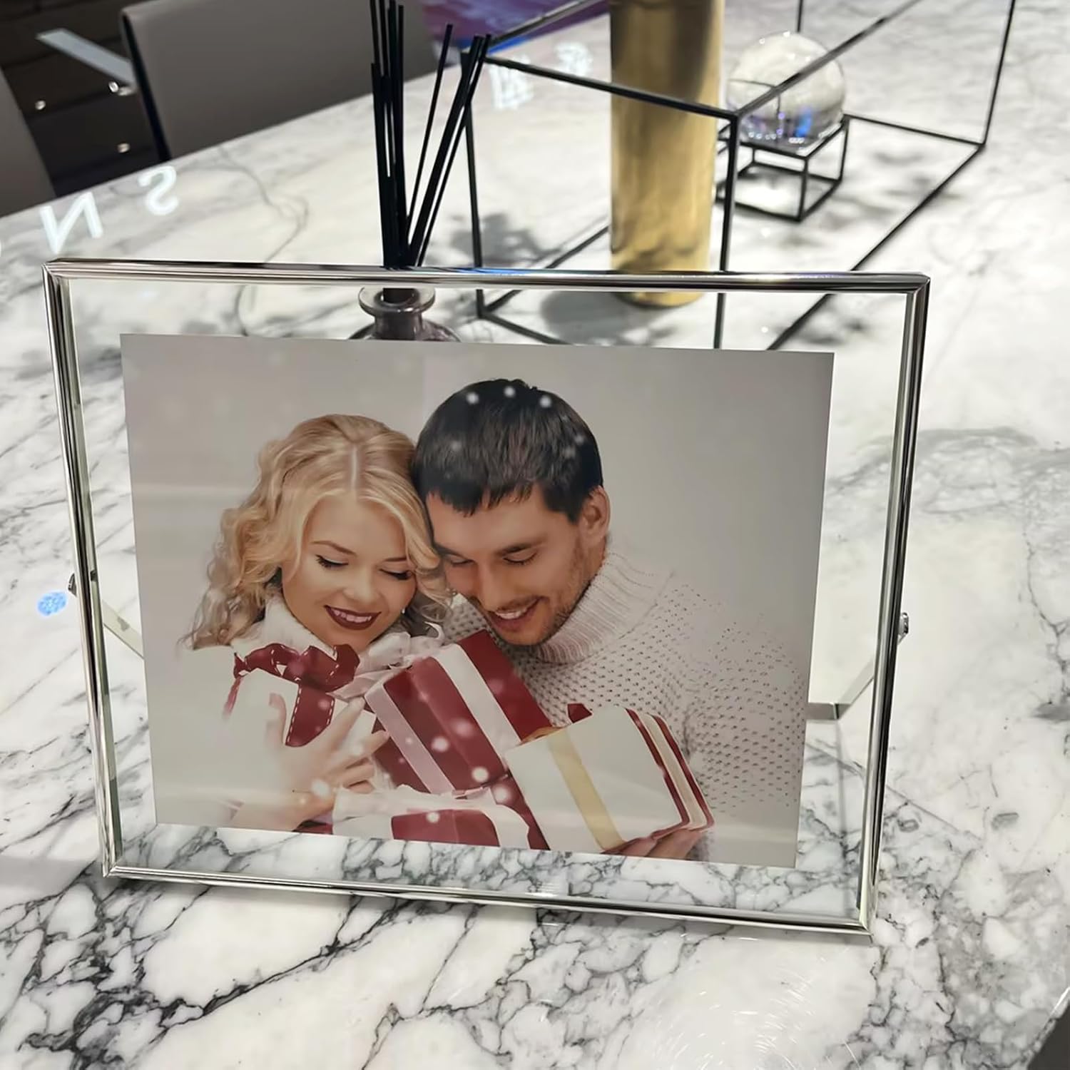 Silver Floating Frame, 10"x12", Horizontal, For Picture 8.5x11, 8x10, 7x9, Tabletop Metal Photo Frame, Classy Gift For Anniversary, Wedding or Birthday