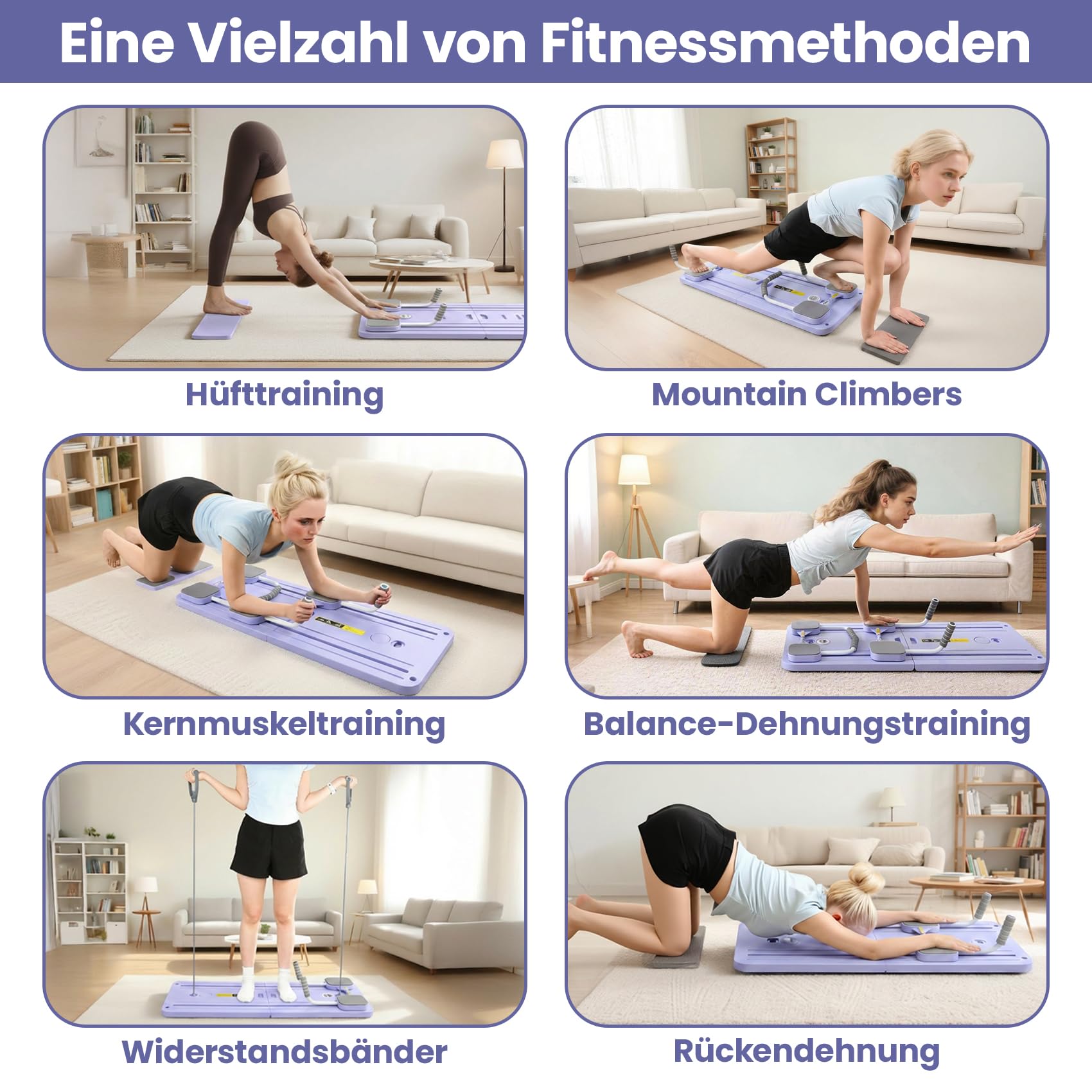 Pilates Reformer Compact 5 en 1 - Pliable - Avec compteur LED - Rouleau à rebond automatique - Planche abdominale multifonction pour la maison et la salle de sport (violet avec poignée)